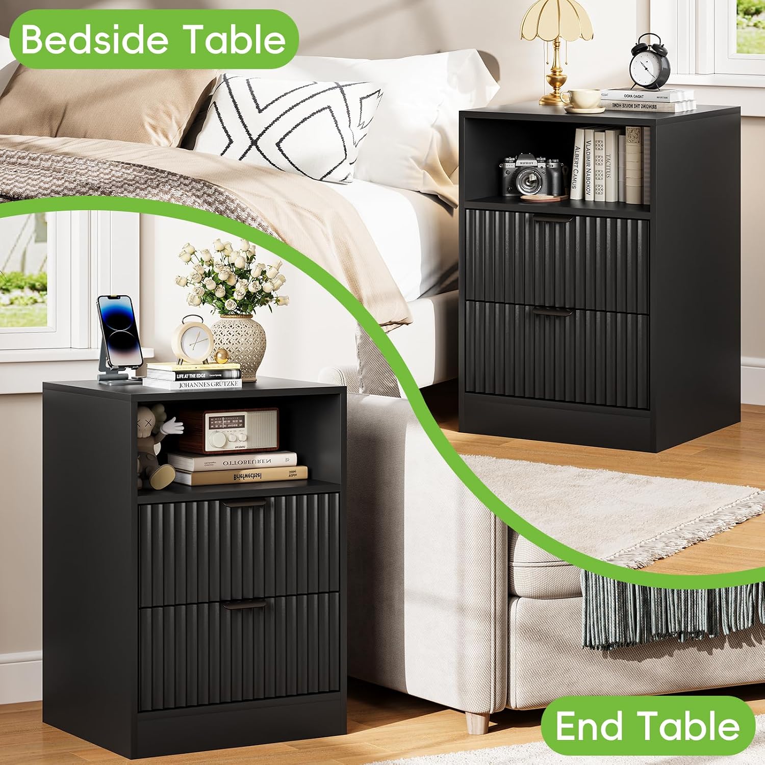 Black Night Stand Set 2, LED Nightstand with Charging Station,Wood Side Table Living Room,Fluted NightStands with 2 Drawers, End & Bedside Tables for Bedroom Sofa Office