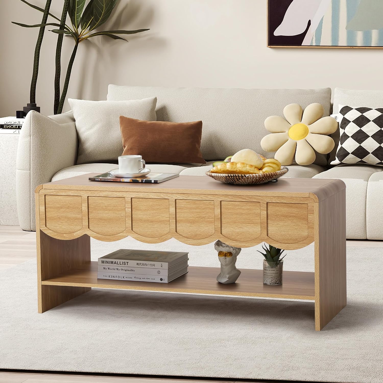 Lift Top Coffee Table with Hidden Compartment, 2 Tier Wooden Center Table with Wave Panel, Modern Lift Tabletop for Home Living Room Office, Natural