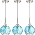 6.3' Blue Texture Glass Rod Pendant Light 3 Pack Pendant Ceiling Light Fixture Brushed Nickel Finish Modern Farmhouse Dinning Over Sink Adjustable Height Cord