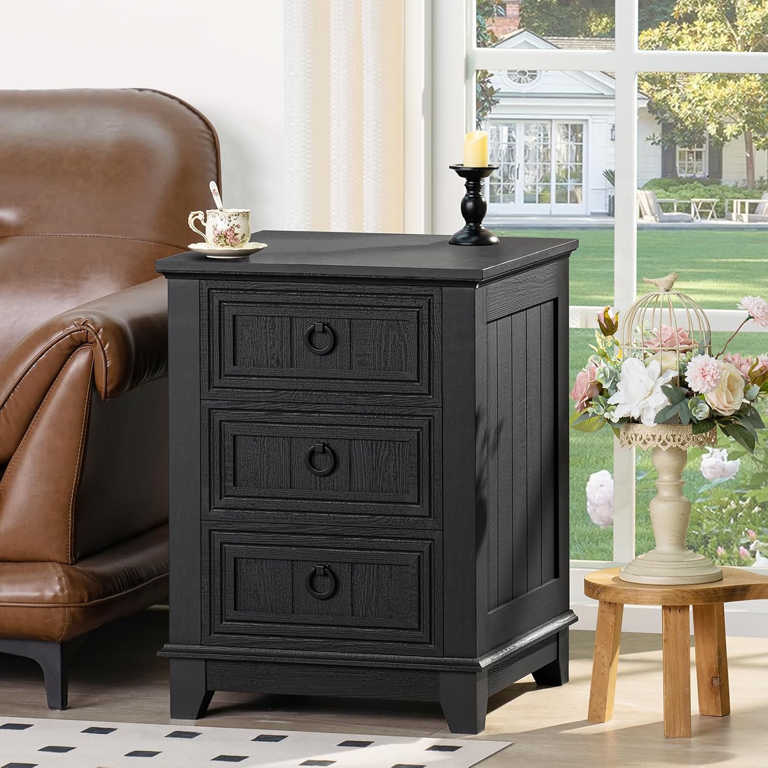 Joaxswe 18' Farmhouse Night Stand with 3 Drawers, Wood End Table Dresser for Bedroom, Black Nightstand, Bed Side Table with Metal Handle, Bedside Cabinet for Bedroom Living Room, Closet
