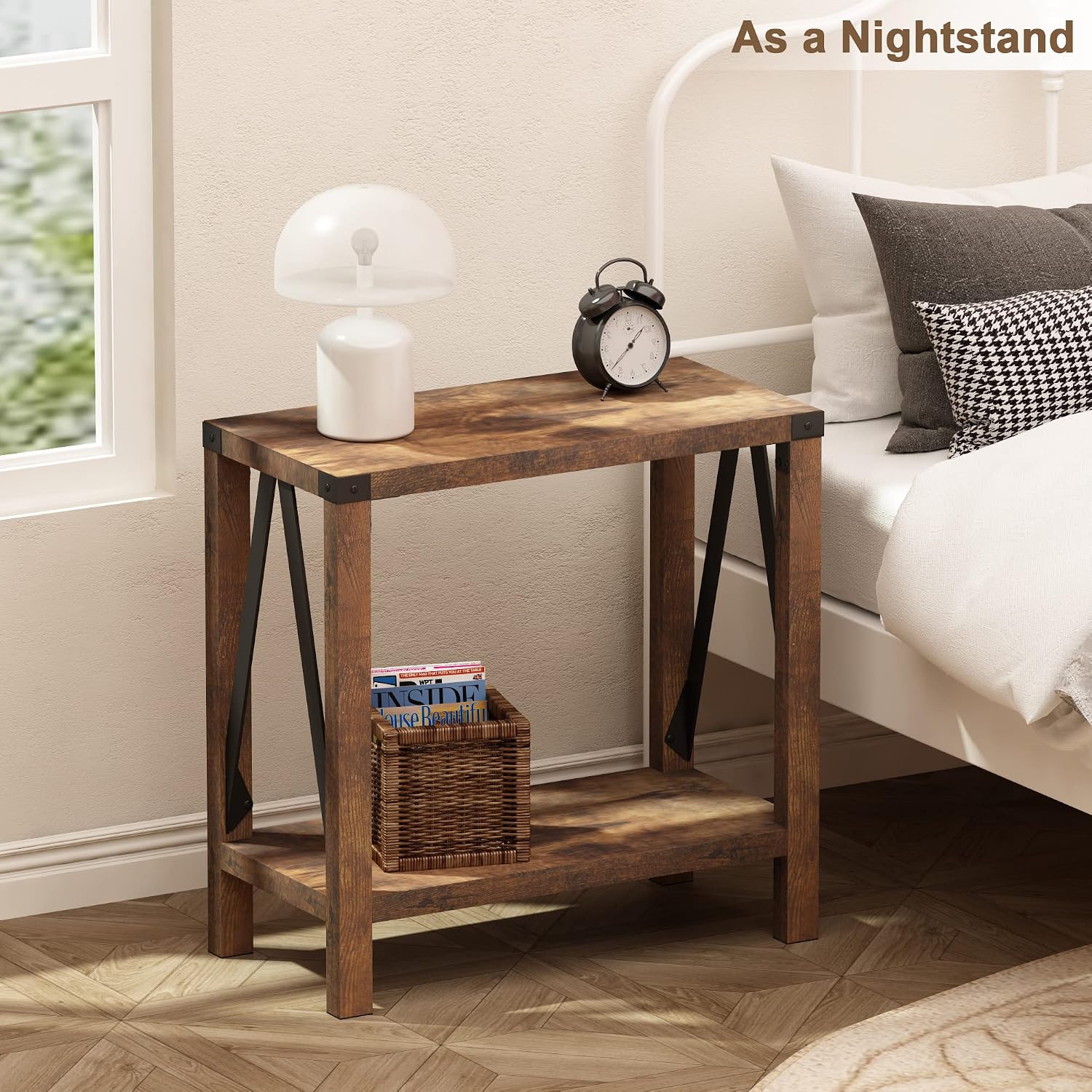 ChooChoo Farmhouse End Table for Small Spaces, Narrow Side End Table with Storage Shelf, Rustic A-Design Nightstand Sofa Table for Living Room, Bedroom (Rustic Brown) 2 Pack
