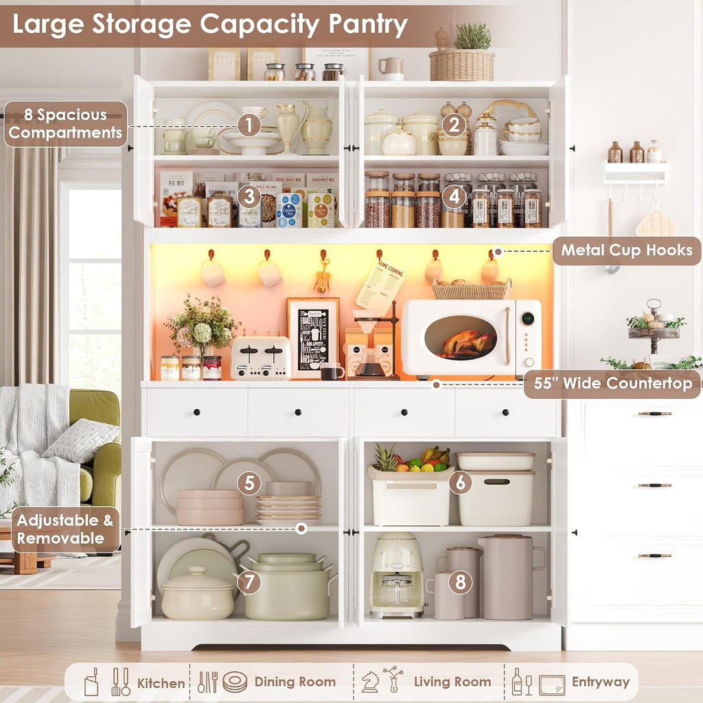 HIFIT 72' LED Kitchen Pantry Cabinet with Power Outlet & Cup Hooks, Tall Kitchen Hutch Storage Cabinets with Countertop Microwave Stand, Food Pantry Cabinet with Drawers for Dining Living Room, White