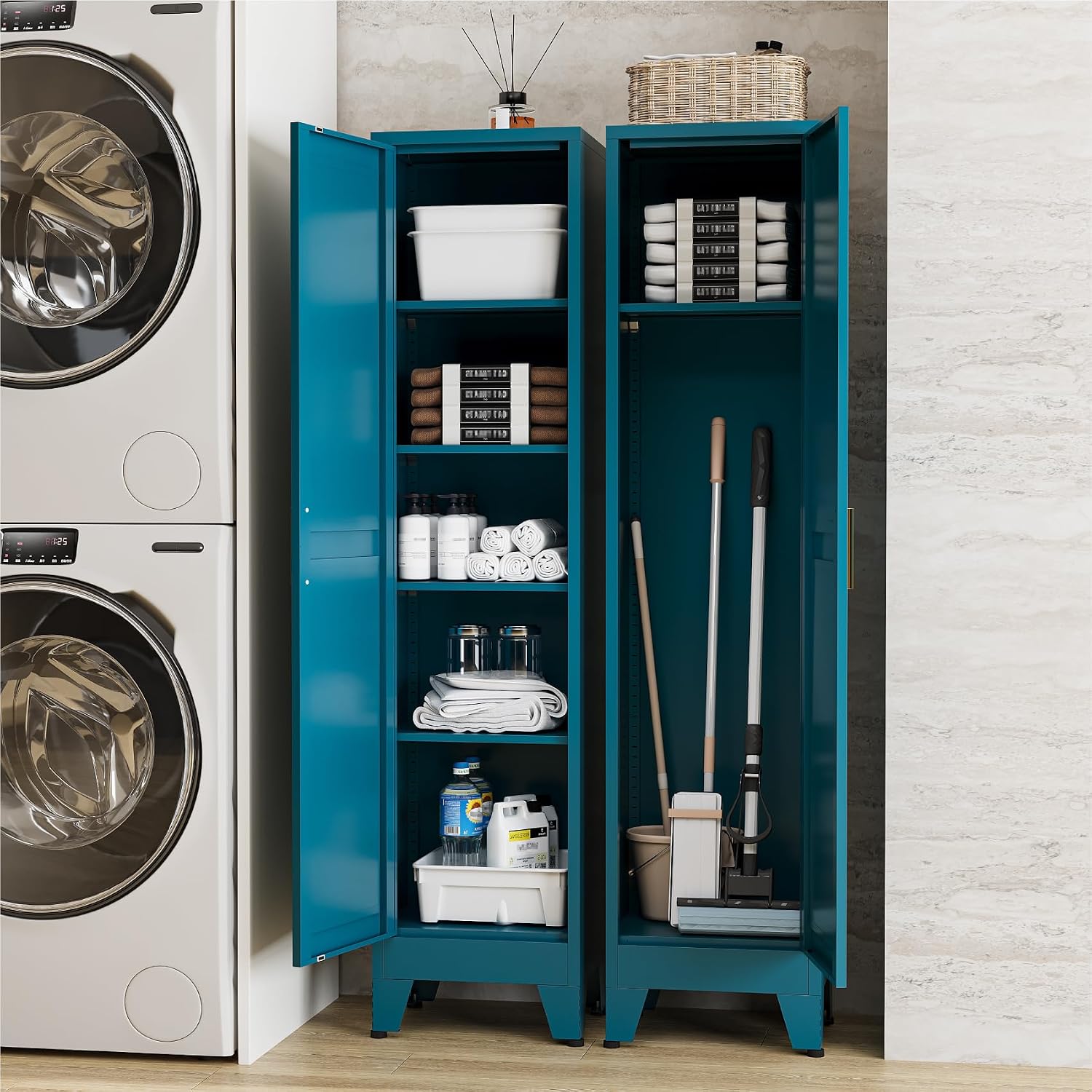67' Tall Storage Cabinet with Reversible Doors and Adjustable Shelves,Metal Slim Freestanding Cabinet for Bathroom Kitchen Garage Small Spaces,Blue,5-Tier 1 Pack