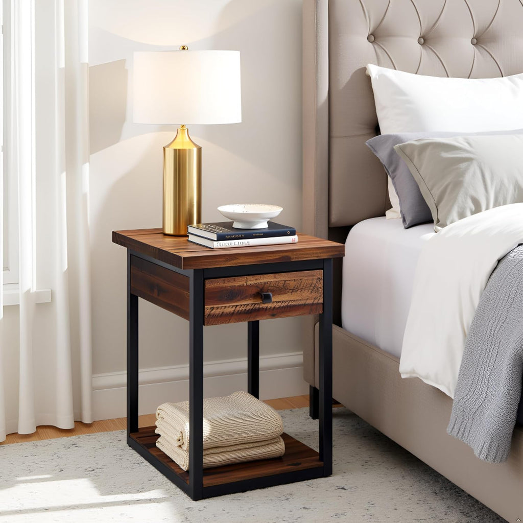 Claremont Rustic Solid Wood End Table with Drawer and Shelf – Farmhouse Accent or Nightstand with Natural Knots, Rough-Hewn Edges for Living Room or Bedroom by Alaterre Furniture (Dark Brown)