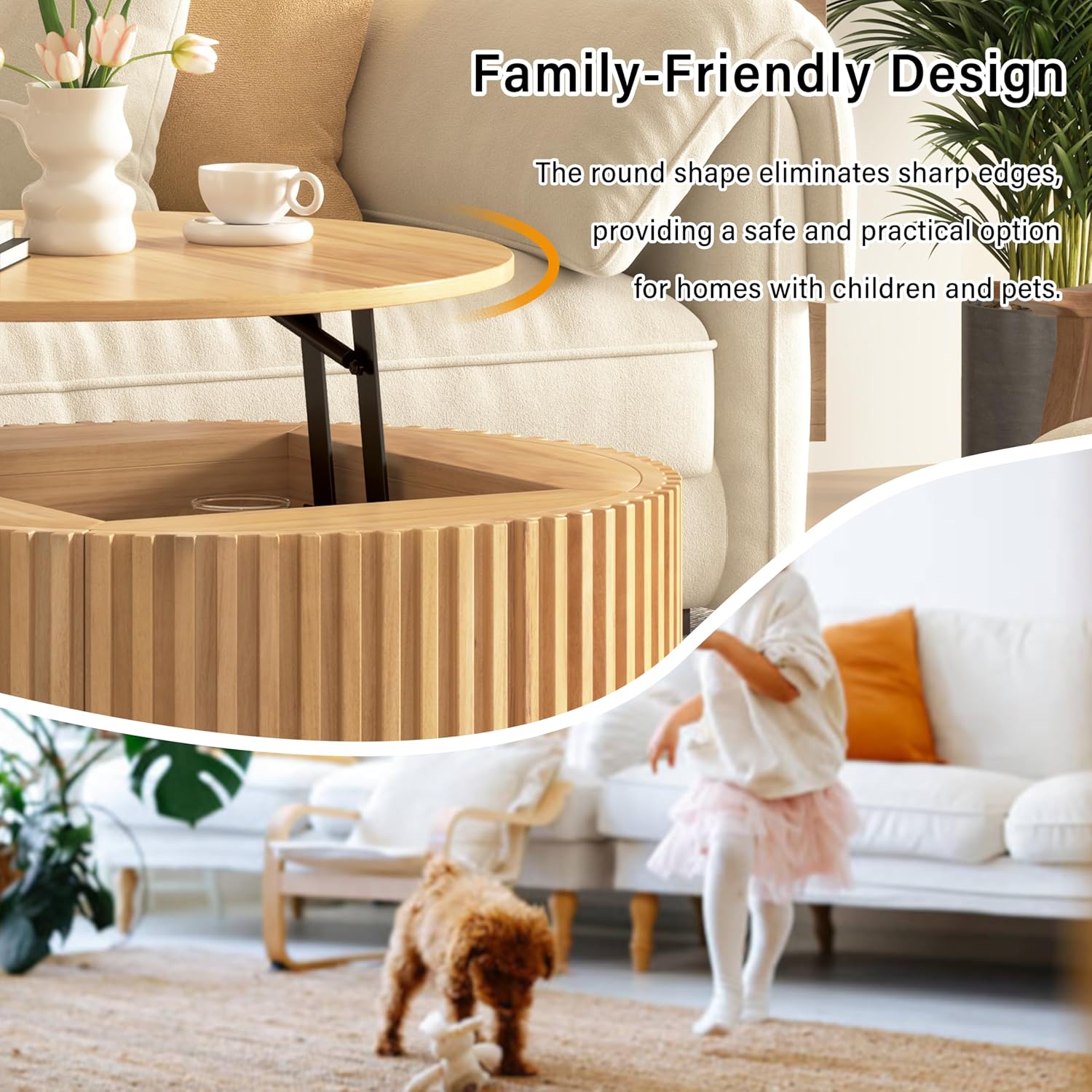 Round Lift Top Coffee Table, 29.8' Modern Fluted Wood Circle Table with Hidden Storage Drawer, Natural Solid Wood & MDF Cylinder Side Table for Living Room Bedroom Small Space