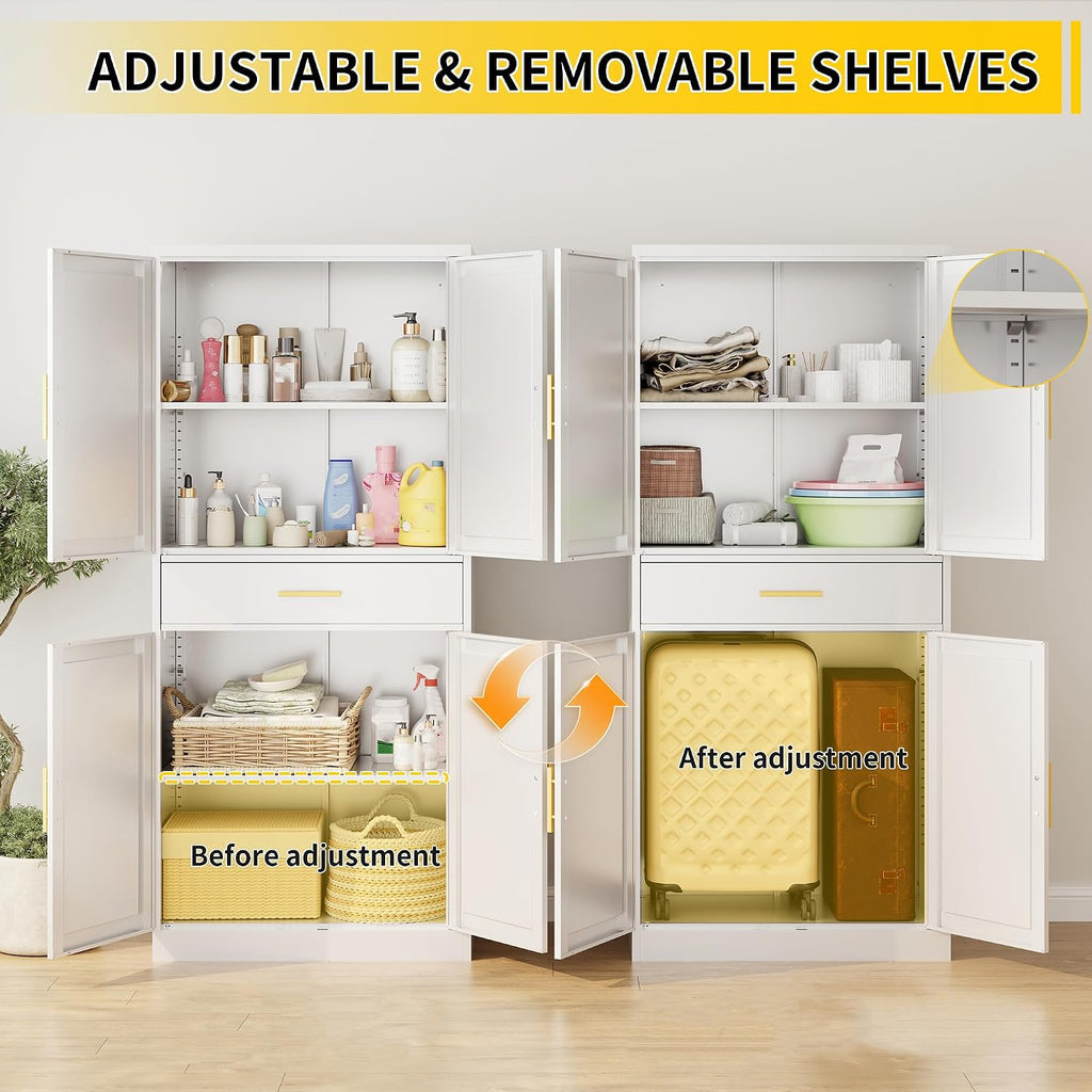 Metal Kitchen Pantry Cabinet, 71'Tall Cabinet with 1 Drawer, Doors and 2 Adjustable Shelves, Pantry Cabinets for Kitchen Storage, Metal Storage Cabinet for Kitchen, Dining Room, Living Room- White
