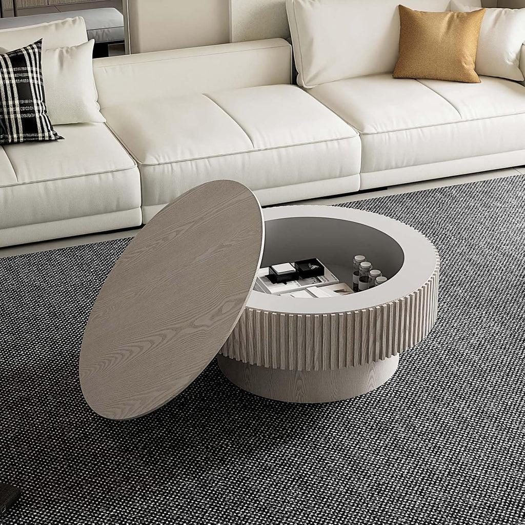 Round Coffee Table with Storage, Modern Wooden Coffee Table with Solid Wood Veneered, Circle Center Table Accent Tea Table for Living Room Small Space (31.5''L × 31.5''W × 14''H, Retro White)