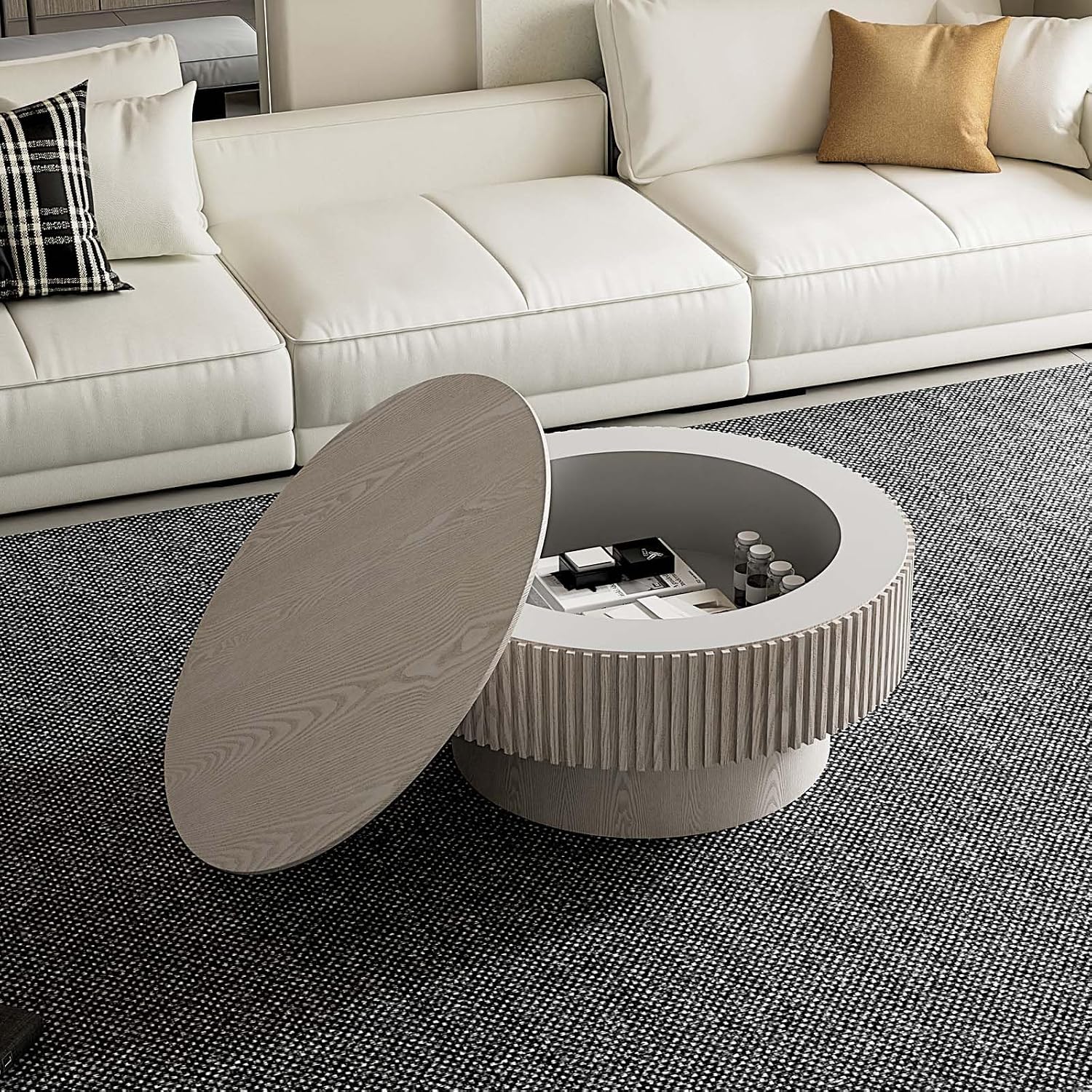 Round Coffee Table with Storage, Modern Wooden Coffee Table with Solid Wood Veneered, Circle Center Table Accent Tea Table for Living Room Small Space (31.5''L × 31.5''W × 14''H, Retro White)