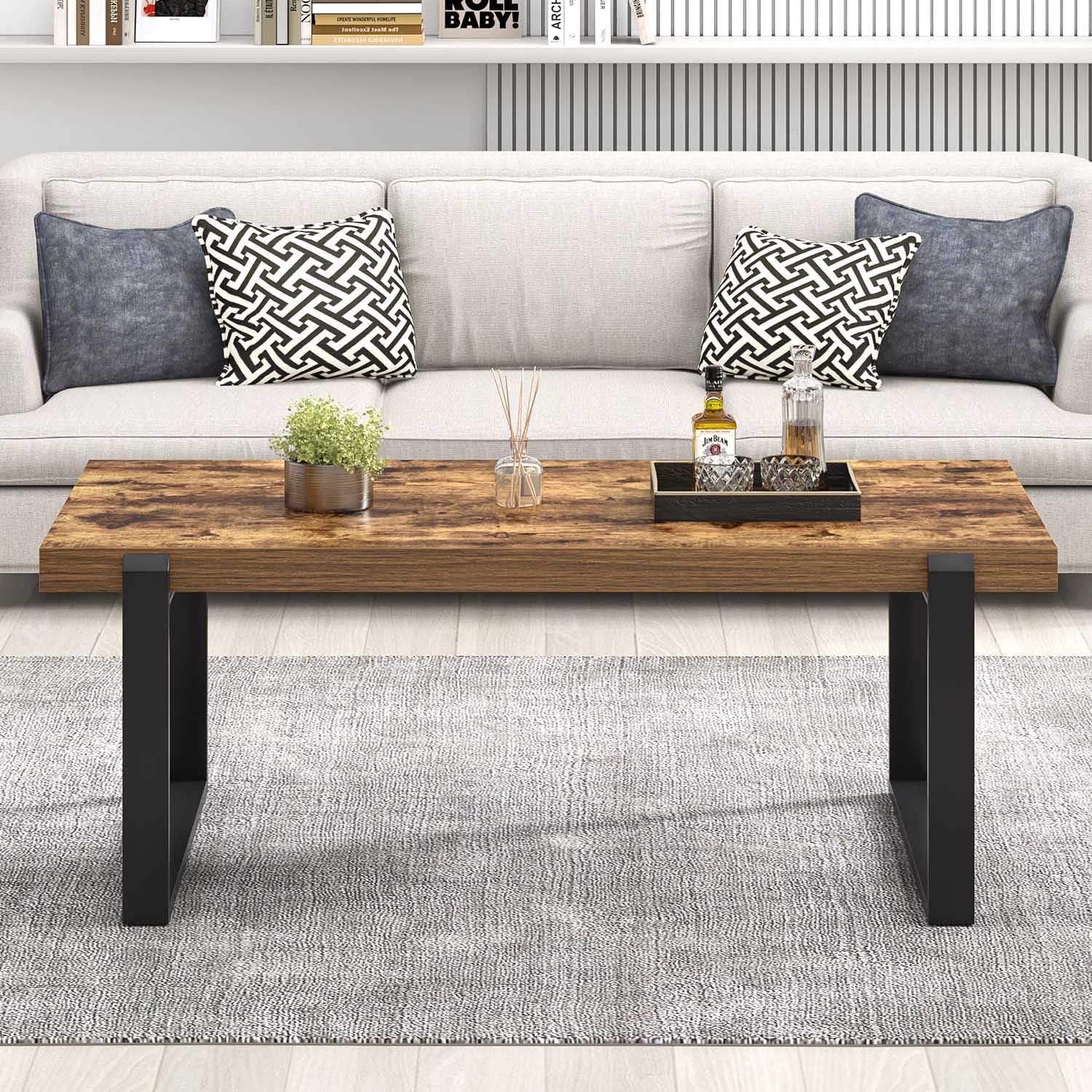FOLUBAN Coffee Table, Modern Rustic Wood and Metal Center Table, Industrial Rectangle Cocktail Tea Table for Living Room, Brown, 47 Inch