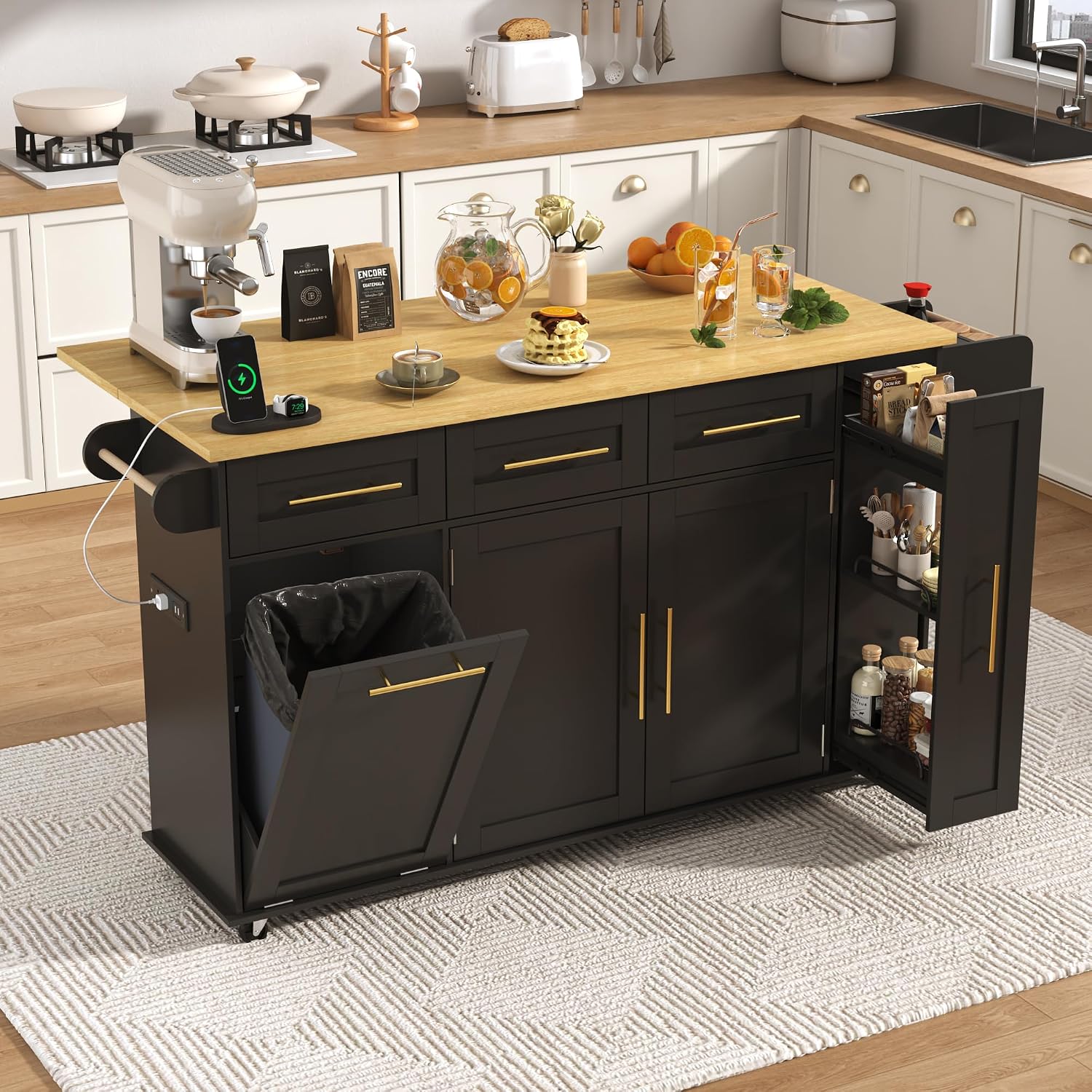 69' Large Kitchen Island on Wheels, Kitchen Rolling Island Cart with Trash Storage Cabinet, Power Outlet, 3-Tier Pull-out Storage Trays, Drop Leaf, Spice Rack, Mobile Island Table for Kitchen, Black