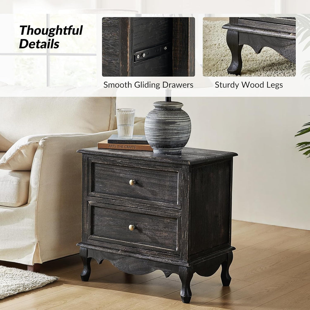 HULALA HOME Solid Wood End Table with Charging Station Space, Vintage Endtable with Wood Legs and 2 Drawers, French Side Table for Living Room, Charcoal