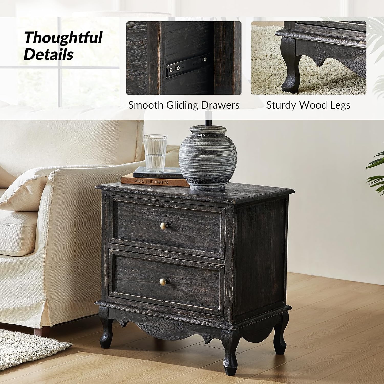 HULALA HOME Solid Wood End Table with Charging Station Space, Vintage Endtable with Wood Legs and 2 Drawers, French Side Table for Living Room, Charcoal