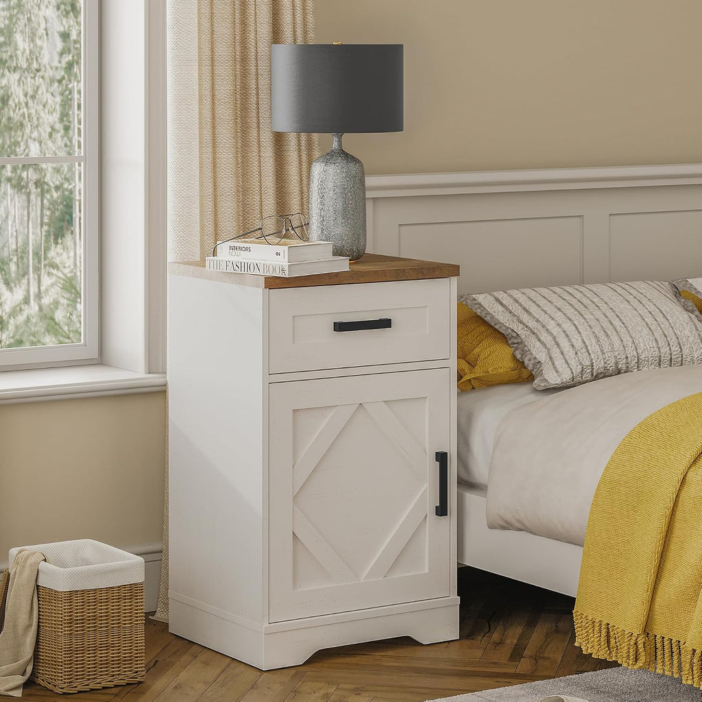 WAMPAT End Table with 1 Drawer & Barn Door, Farmhouse Large Sofa Side Table, Modern 31.9 inch Tall Nightstand with Adjustable Storage Shelf, Accent Cabinet for Living Room, Antique White