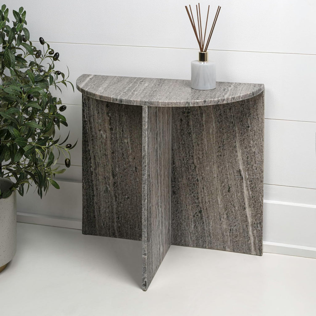 JONATHAN Y MTB1109B Patrice 20' Art Deco Minimalist Natural Marble Handmade Demilune Side Table, Side Table for Living Room, Bedroom, Bathroom, Gray/Beige