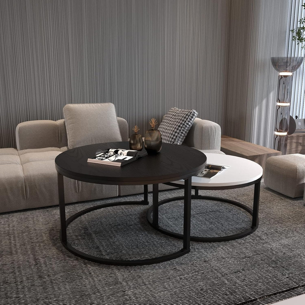 WiberWi Round Coffee Table, Nesting Tables Set of 2, Large : Ø 34.0', Small : Ø 26.0', Modern Design Furniture Side End Table for Living Room, Metal Frame Sofa Table Cocktail Table, Black & White