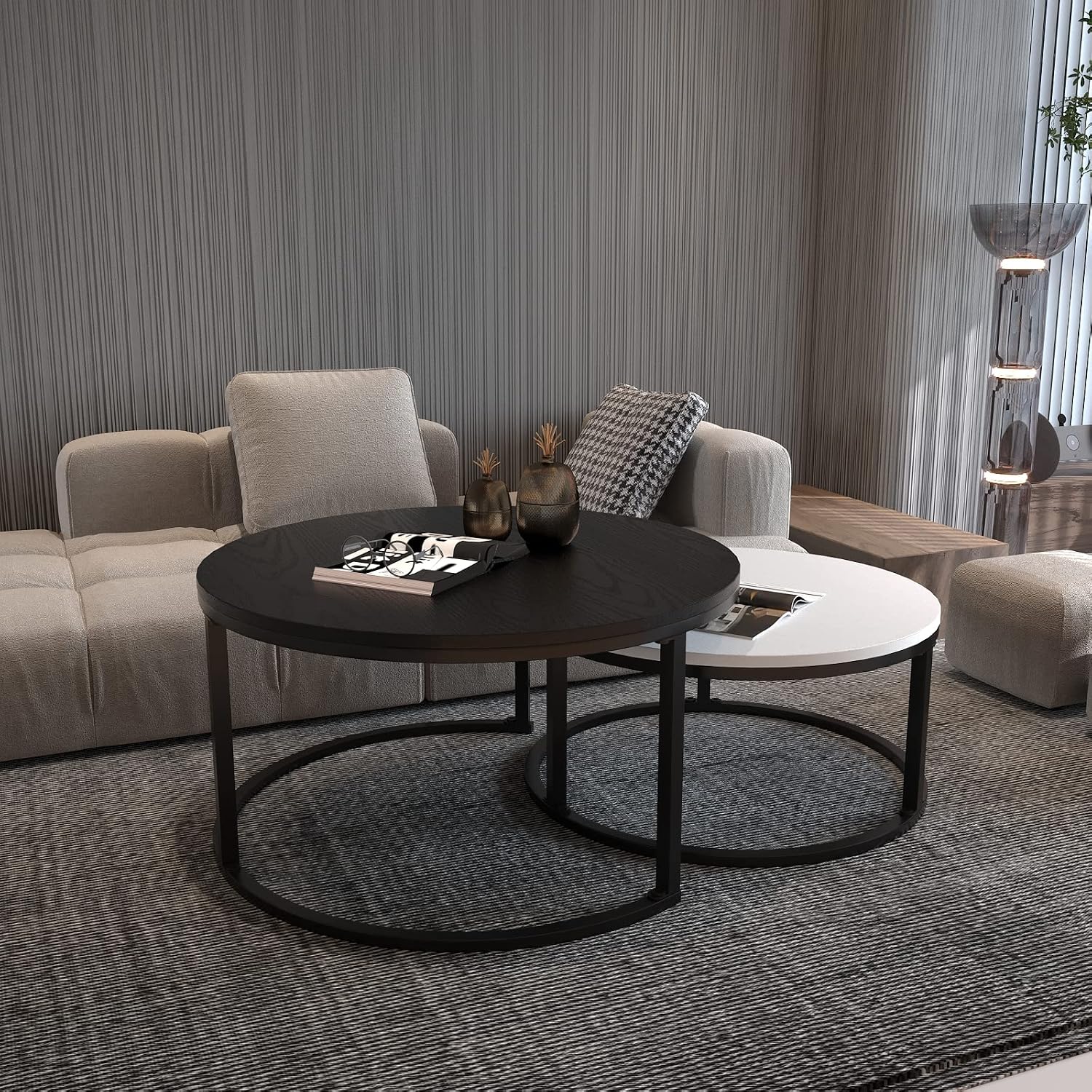 WiberWi Round Coffee Table, Nesting Tables Set of 2, Large : Ø 34.0', Small : Ø 26.0', Modern Design Furniture Side End Table for Living Room, Metal Frame Sofa Table Cocktail Table, Black & White