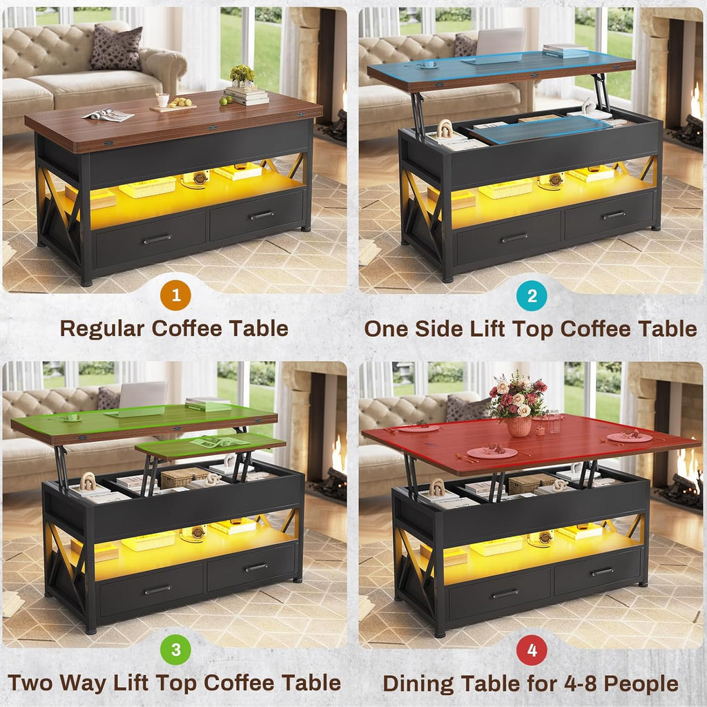 Itaar 40' Lift Top Coffee Table, 4 in 1 White Coffee Tables with Storage for Living Room, Small Coffee Table with 2 Drawers & LED Light for Dining Room, Black+Brown