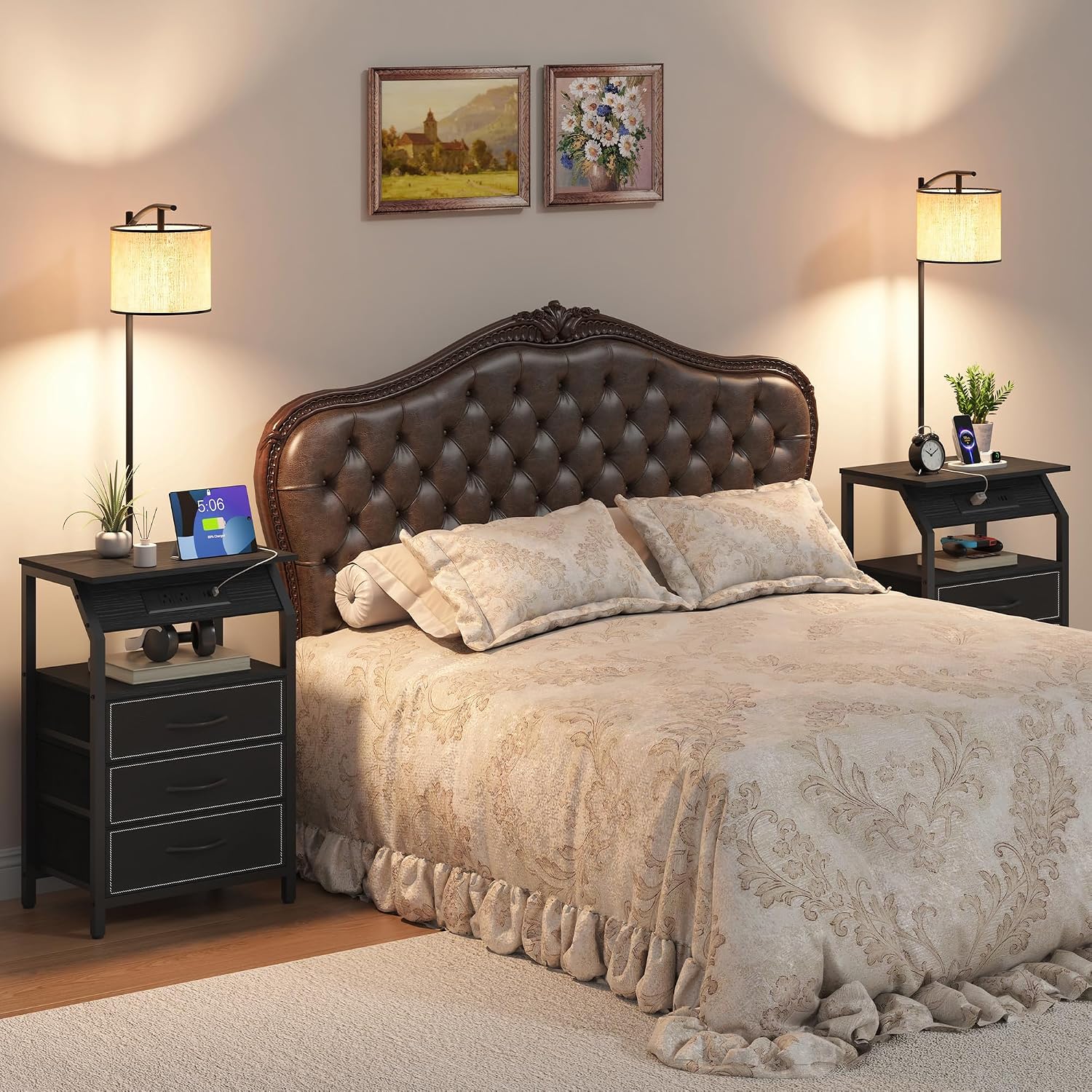End Table with Floor Lamp Set of 2, Nightstand with Charging Station, Floor Lamp Table with 3-Color Temperature Bulb, Bedside Table Night Stand with 3 Drawers for Bedroom, Living Room, Black