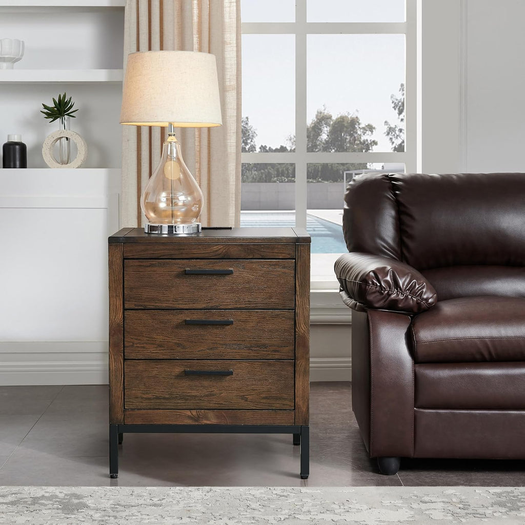 Leick Home Tableau Nightstand Side Table with Drawer and Lower Cabinet Rustic Modern – USB-C Fast Charging Station – Durable Solid Wood – Living Room, Bedroom, Office, Distressed Riverstone, 9076