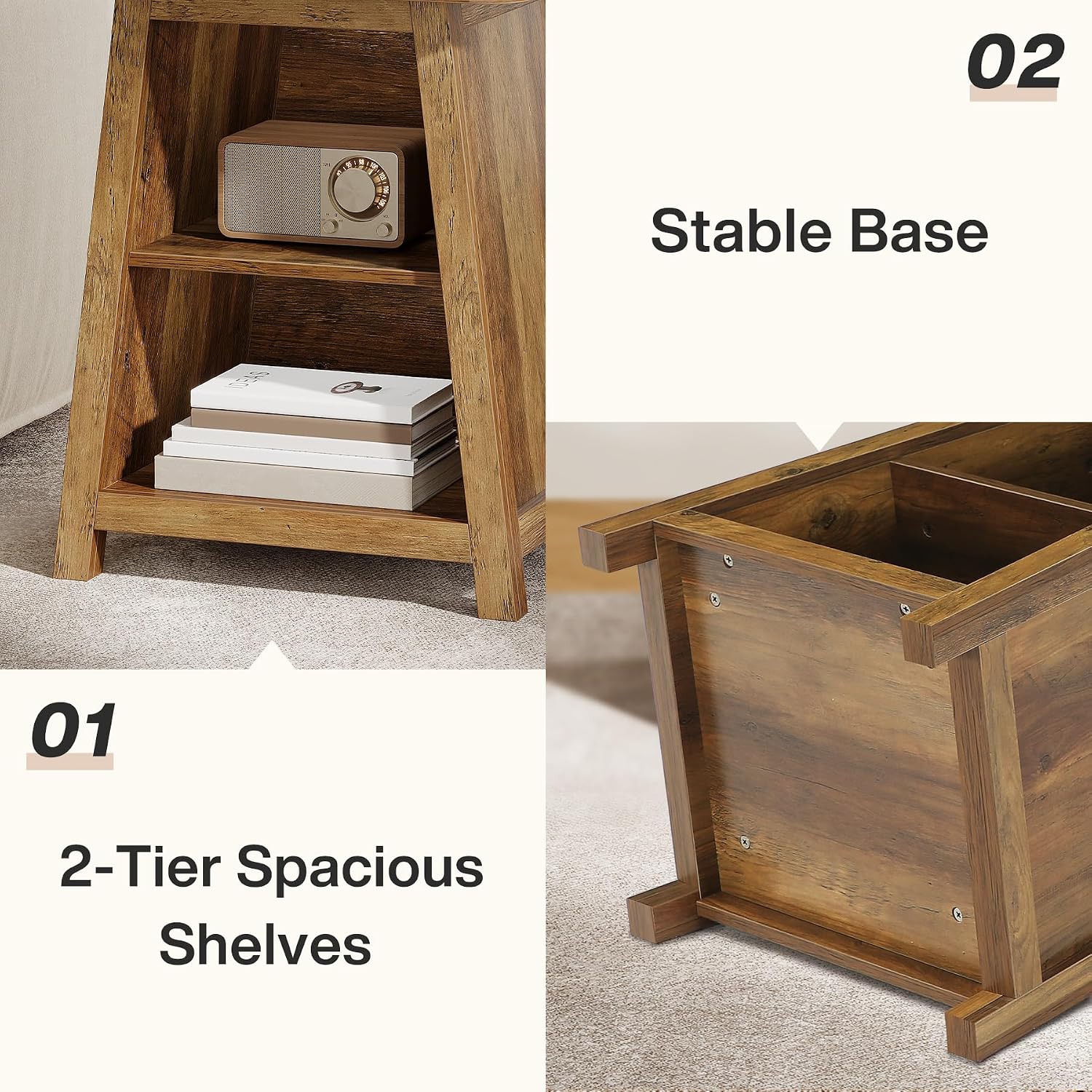 Tribesigns 3-Tier Rustic Farmhouse Wooden End Table with Open Storage Shelves, Trapezoid Angled Leg Side Table for Living Room, Small Space Friendly Sofa Side Table