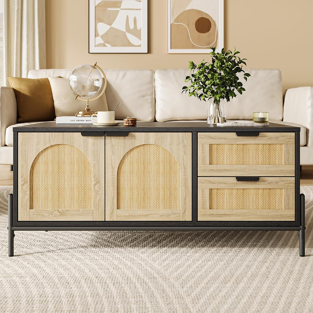 GarveeHome 40.9' Rattan Coffee Table with LED Lights for Living Room, Modern Coffee Tables with 2 Storage Drawers and 2 Arched Door, Farmhouse Coffee Table with Study Metal Legs, Black+Oak