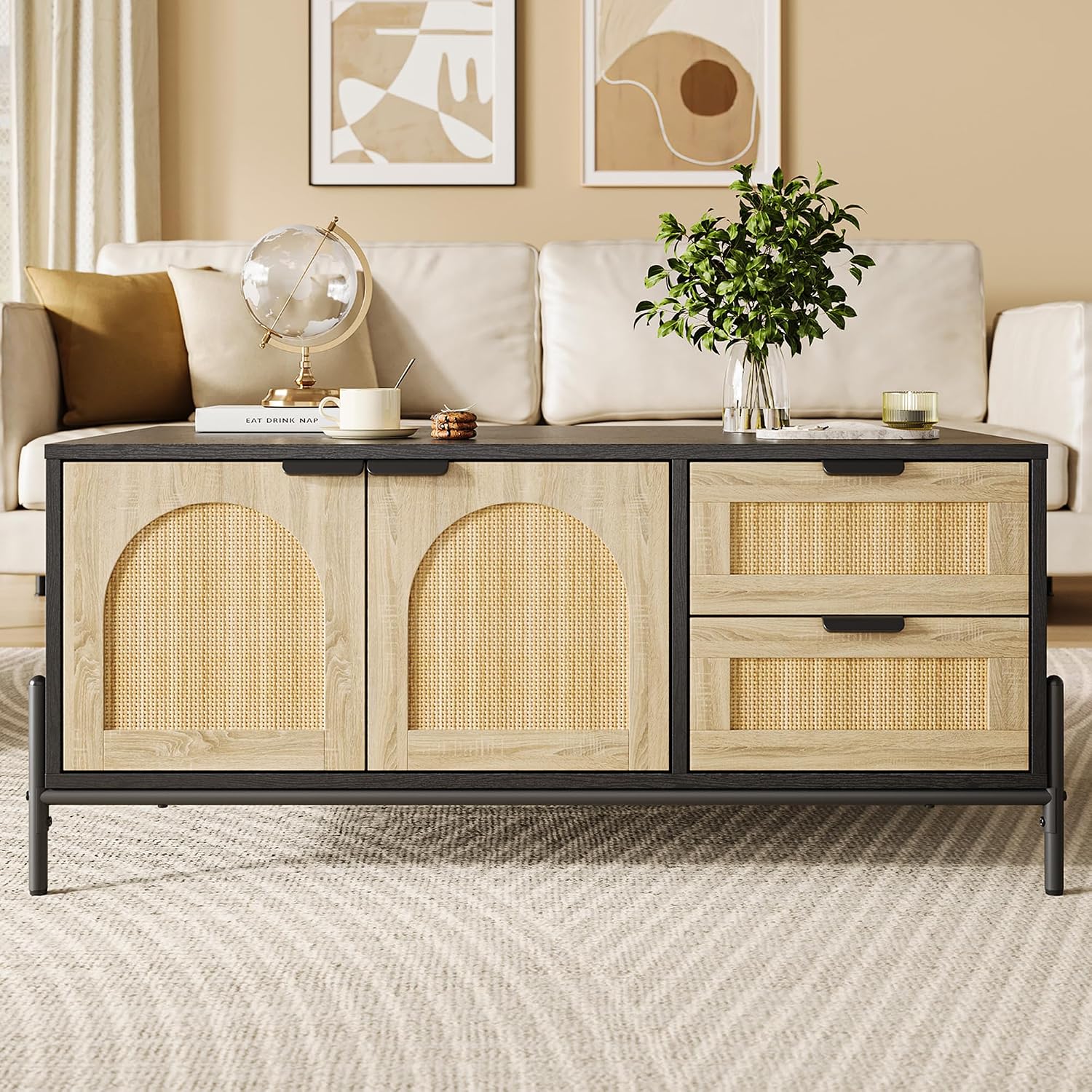 GarveeHome 40.9' Rattan Coffee Table with LED Lights for Living Room, Modern Coffee Tables with 2 Storage Drawers and 2 Arched Door, Farmhouse Coffee Table with Study Metal Legs, Black+Oak