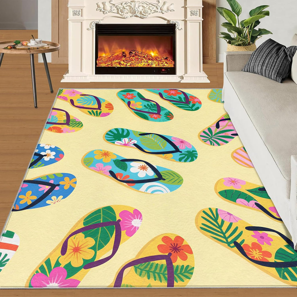 Flip Flop Rug 8x10 Large Rug Beach Theme Area Rug, Tropical Summer Washable Rugs for Bedroom, Hawaiian Beach Indoor Rugs - Home Decor, Boys Girls Gifts
