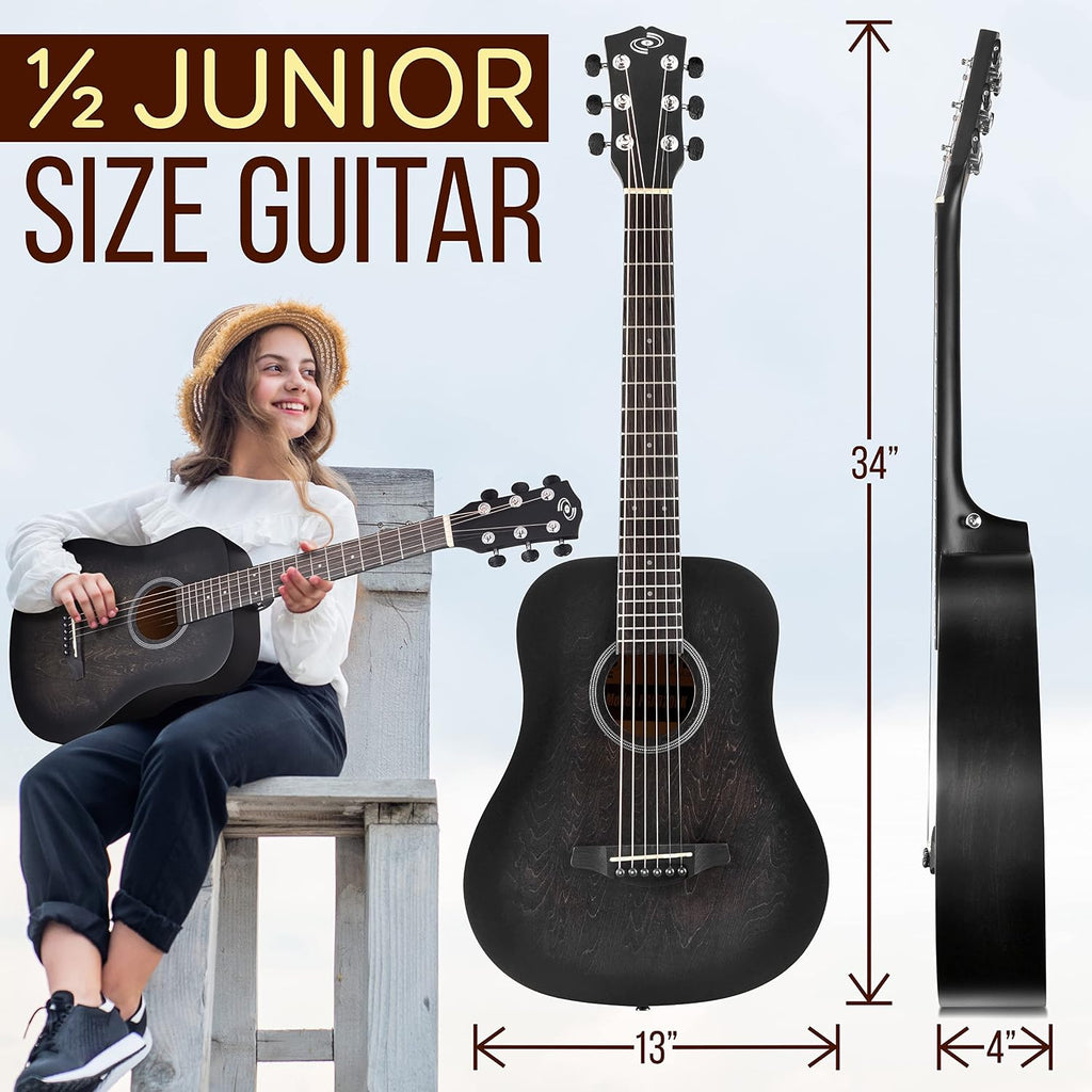 Pyle Acoustic Guitar Kit, 1/2 Junior Size All Wood Steel String Instrument for Beginner Kids, Adults, 34' Black Matte