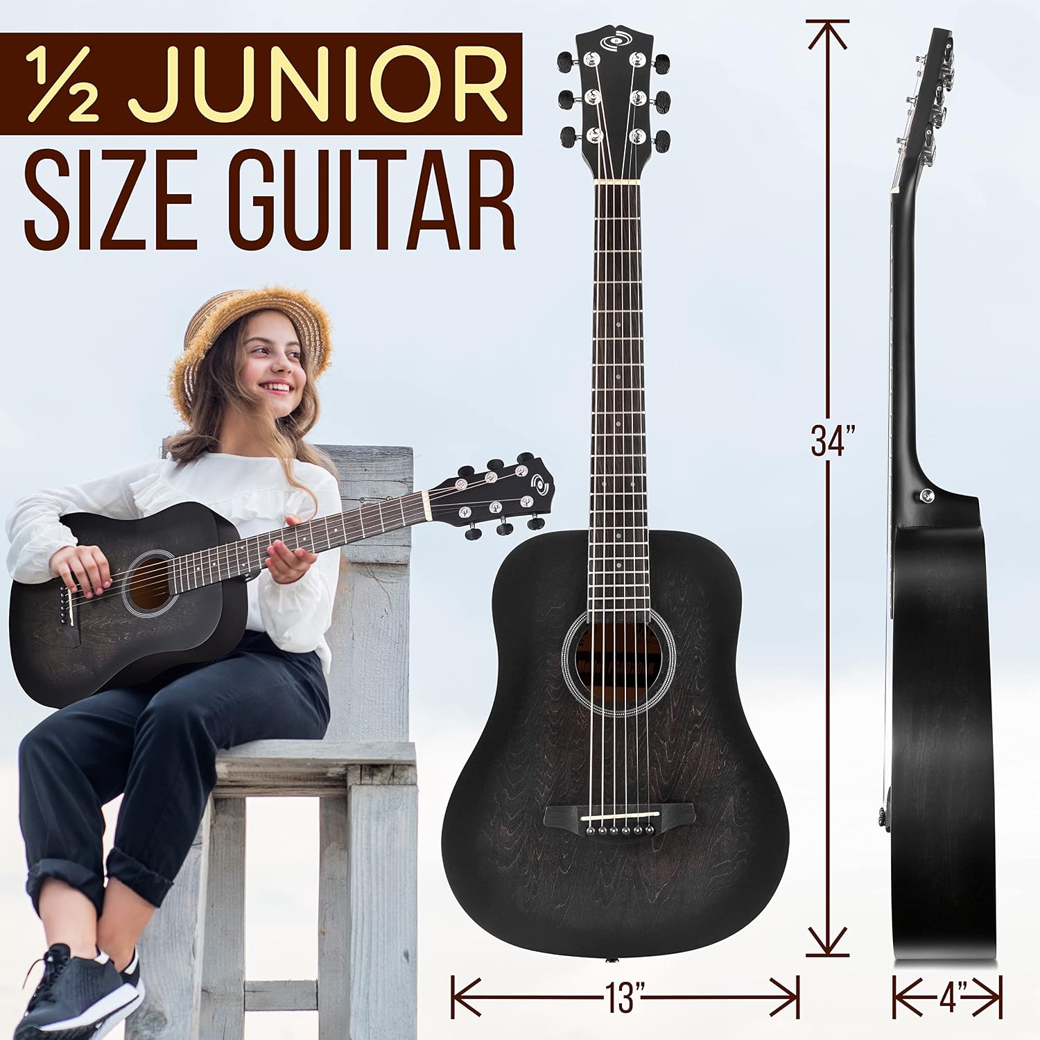 Pyle Acoustic Guitar Kit, 1/2 Junior Size All Wood Steel String Instrument for Beginner Kids, Adults, 34' Black Matte