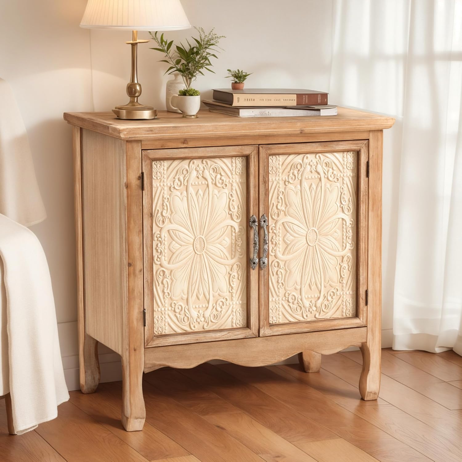 RoyalCraft Sideboard Buffet Kitchen Storage Cabinet, Solid Wood Credenza Accent Cabinet, Cupboard Console Table with 2 Craved Decorated Doors for Dining Room, Living Room, Hallway (Natural)