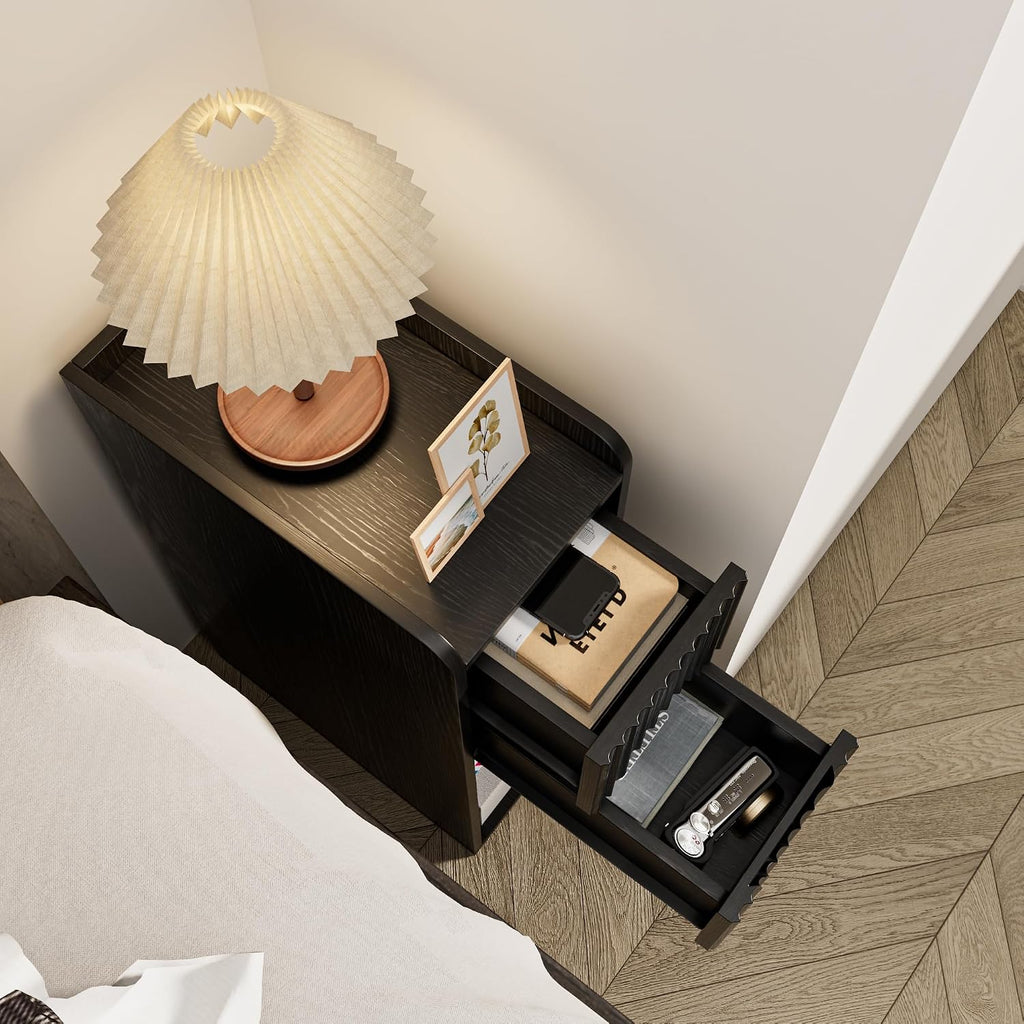 Black Night Stand Set of 2, Narrow Nightstand with Drawers, Small Bedside Table, Skinny Bed Side Table, Modern Nightstand for Bedroom, Living Room, Wood, Fluted, Black