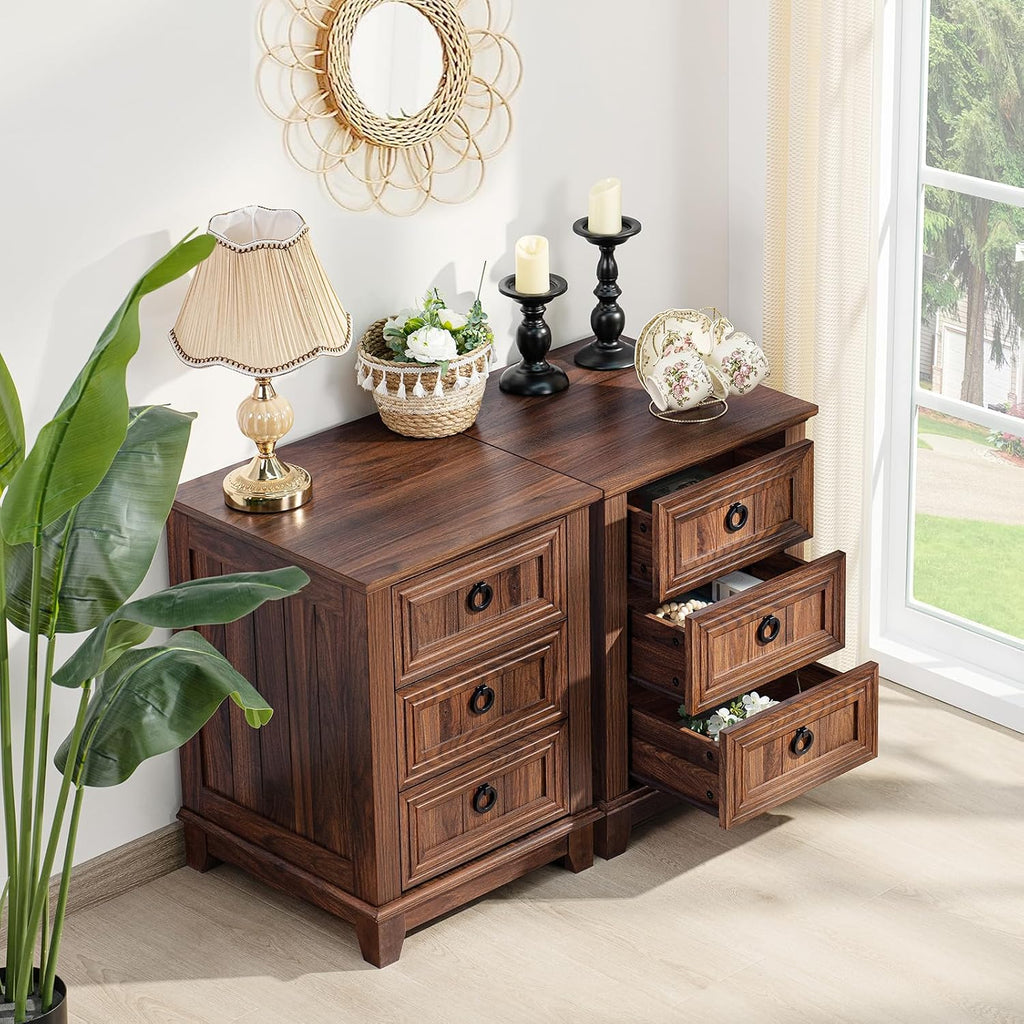 Joaxswe 18' Farmhouse Night Stand with 3 Drawers, Wood End Table Dresser for Bedroom, Retro Nightstand, Bed Side Table with Metal Handle, Bedside Cabinet for Bedroom Living Room, Closet