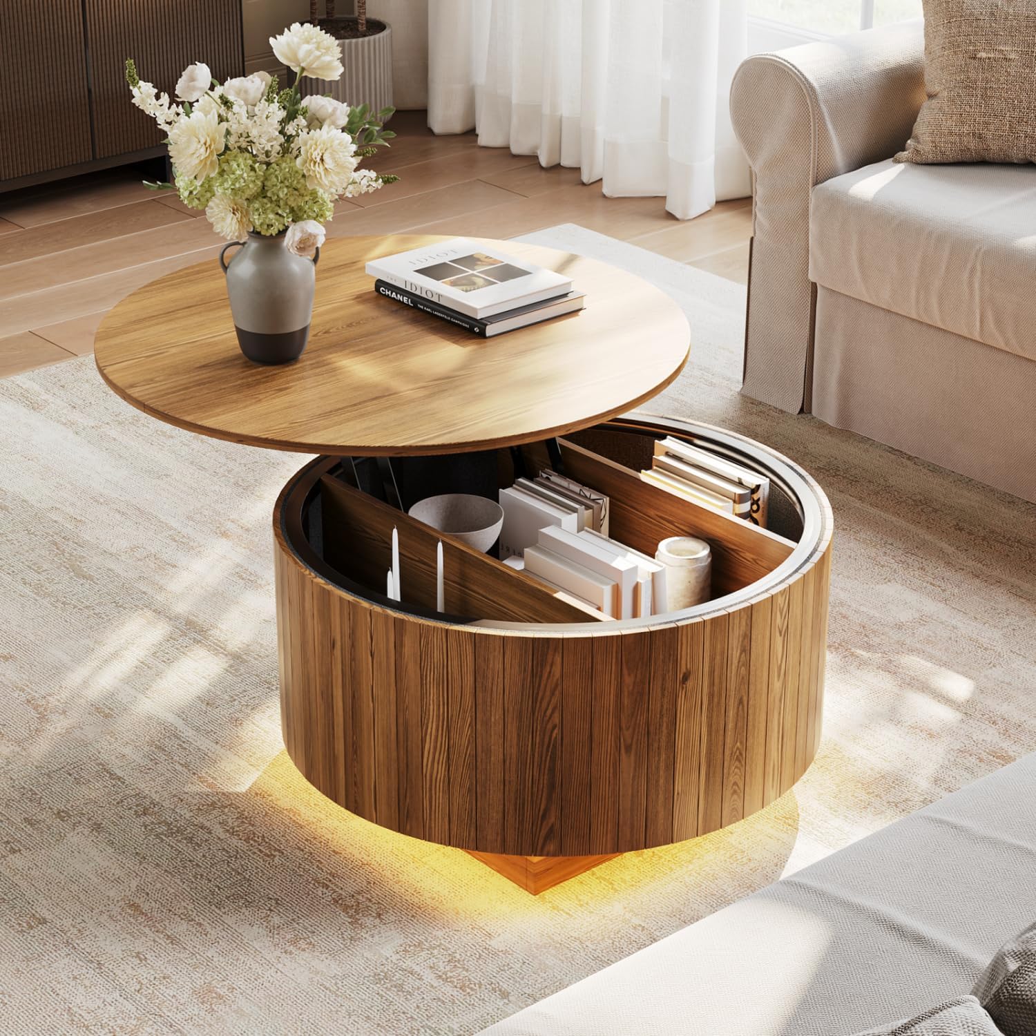 kepptory Round Lift Top Coffee Table with LED Lights, Mid Century Modern Wooden Coffee Tables with 3 Storage Space, Circle Center Table for Living Rooms,Dining Room,Bedroom Home Office,APP LED Lights