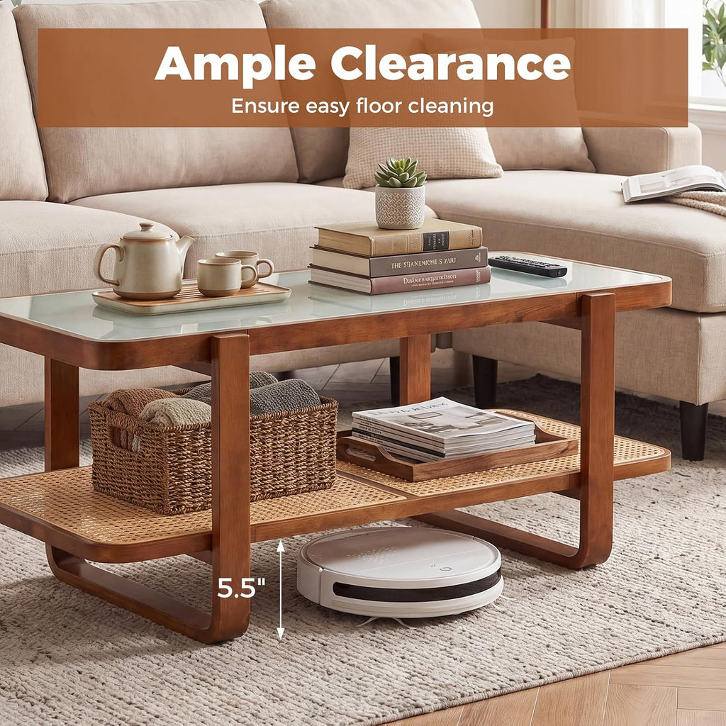 Giantex Rattan Coffee Table, 41.5' Farmhouse Center Table with Storage & Frosted Tempered Glass, Wood Boho Accent Cocktail Tea Table, Modern Living Room Table for Small Spaces, Walnut