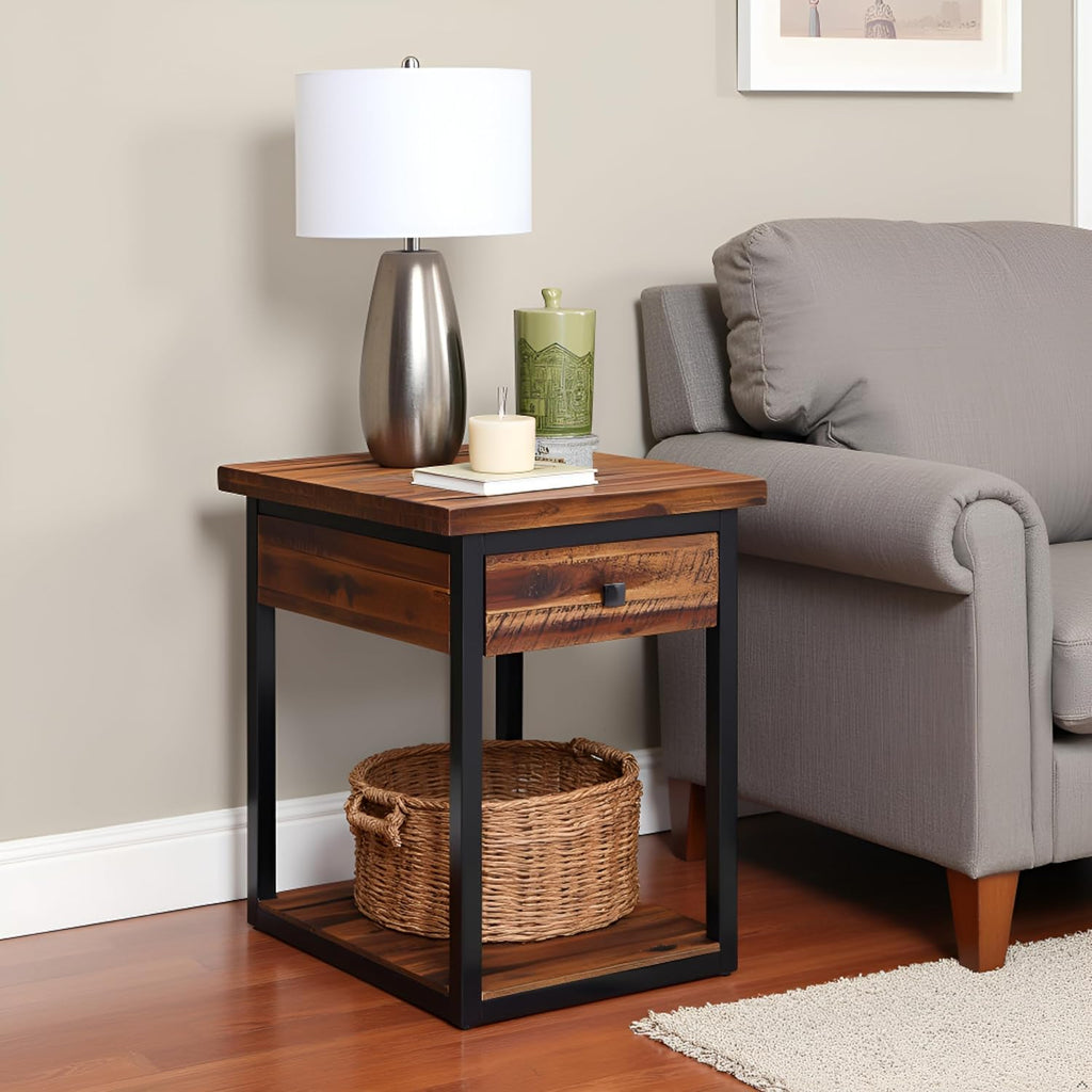 Claremont Rustic Solid Wood End Table with Drawer and Shelf – Farmhouse Accent or Nightstand with Natural Knots, Rough-Hewn Edges for Living Room or Bedroom by Alaterre Furniture (Dark Brown)