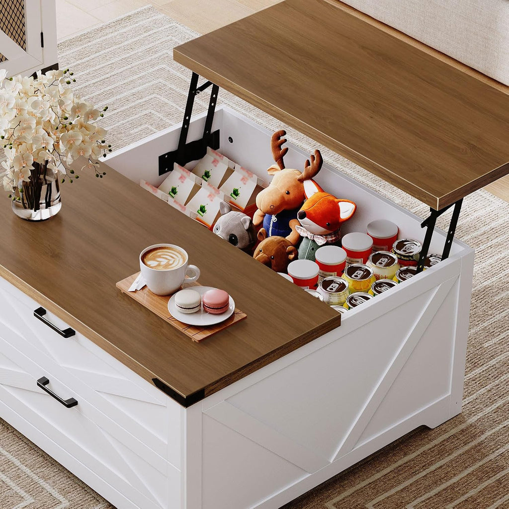 HOOBRO Lift Top Coffee Table with Storage, 31.5' Large Square Coffee Table with 2 Drawers, Large Hidden Space, White Farmhouse Center Table for Living Room, Home Office, White and Walnut WH45KF01