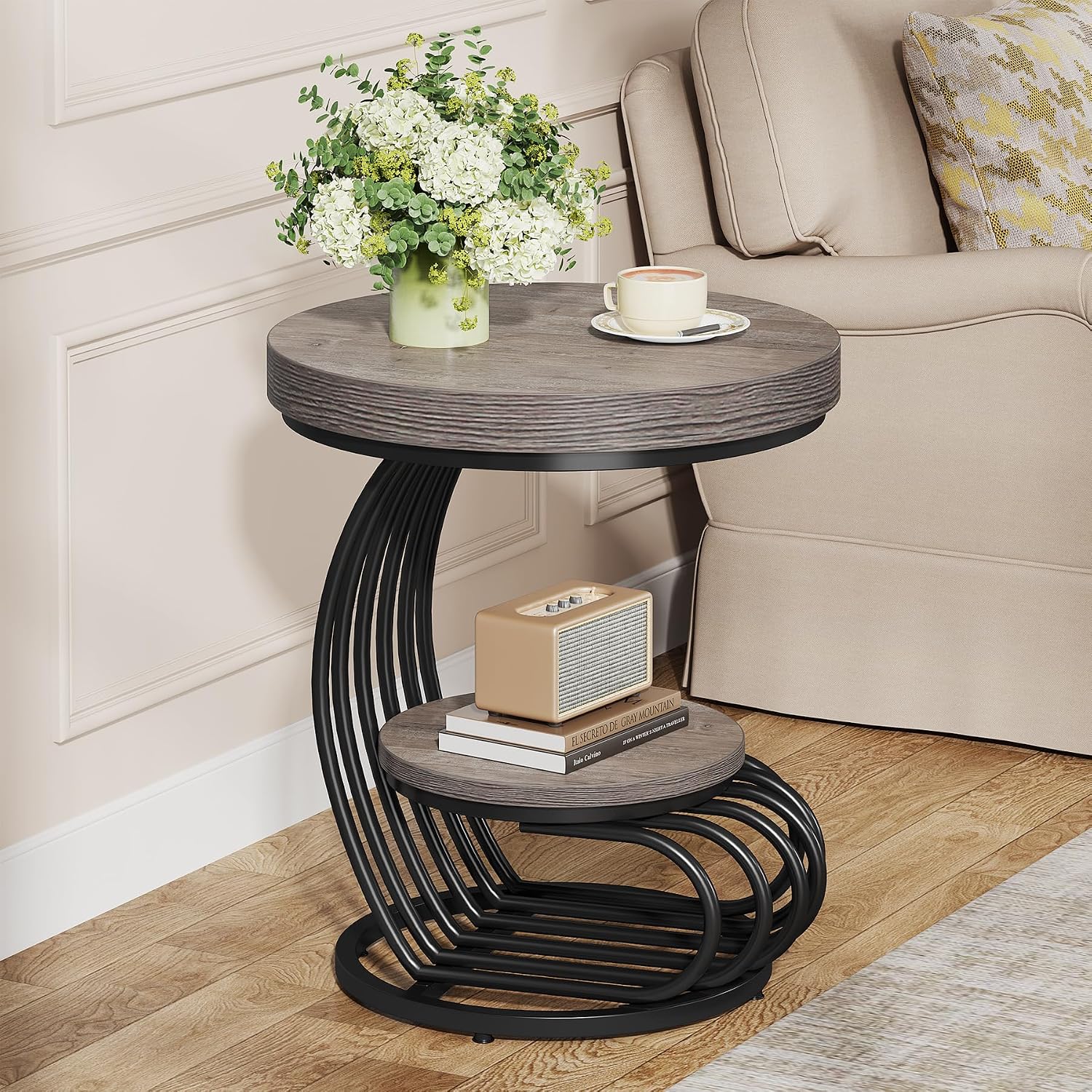 Tribesigns Round End Table Set of 2, 2-Tier Farmhose Wood Side Table with Shelf Storage, Small Sofa Side Bedside Nightstand, Accent Furniture for Living Room, Grey