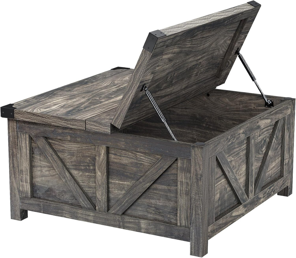 jimeimen Farmhouse Lift Top Coffee Table with Storage, Wood Square Center Table with Charging Station&USB Port, Living Room Table w/Large Hidden Space, for Living Room, Bedroom, Home Office, Dark Grey