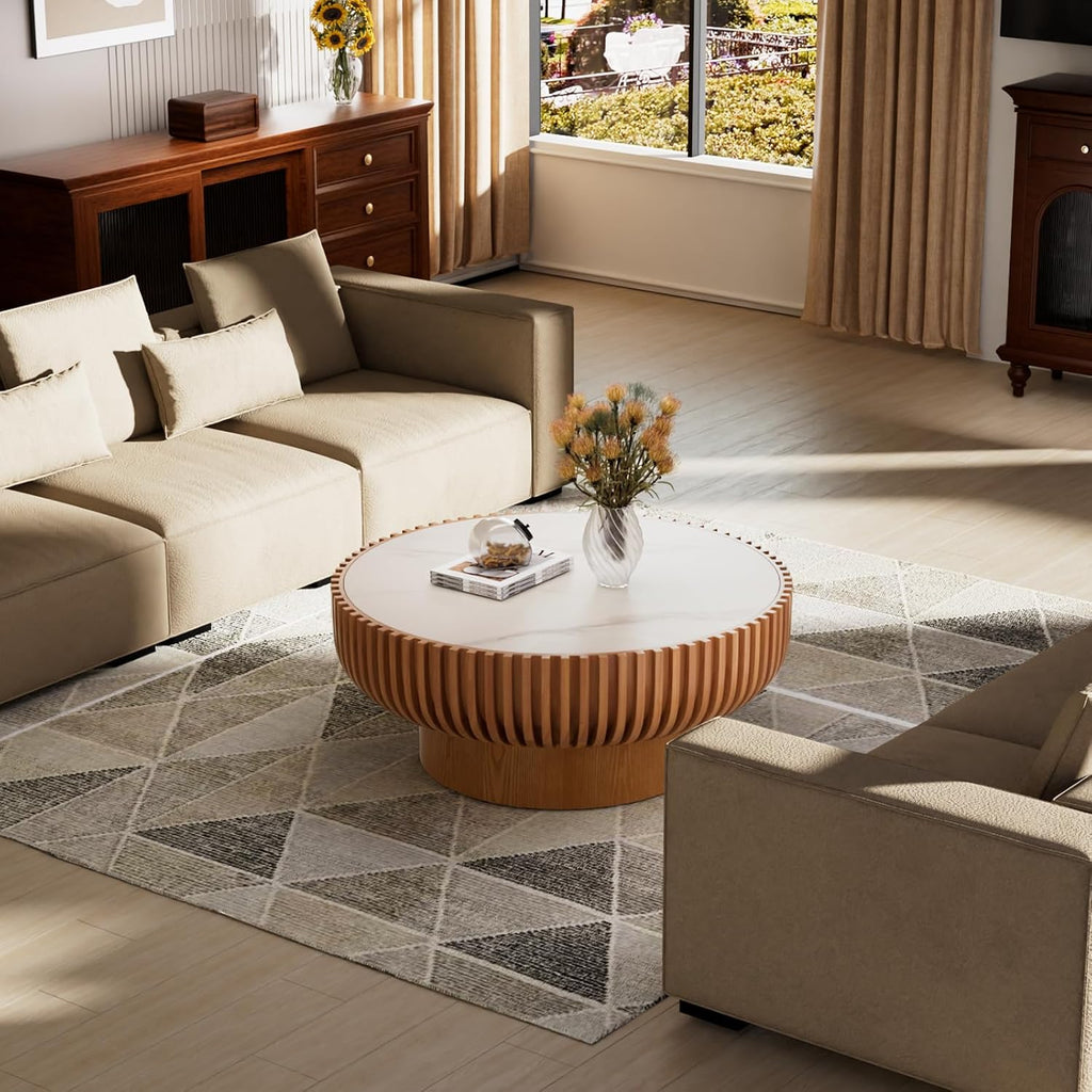 Fluted Round Coffee Table, 31.5' Drum Coffee Table with Sintered Stone Tabletop, Modern Wood Circle Center Table for Living Room Apartment, Easy Assembly (31.5' Sintered Stone Tabletop)