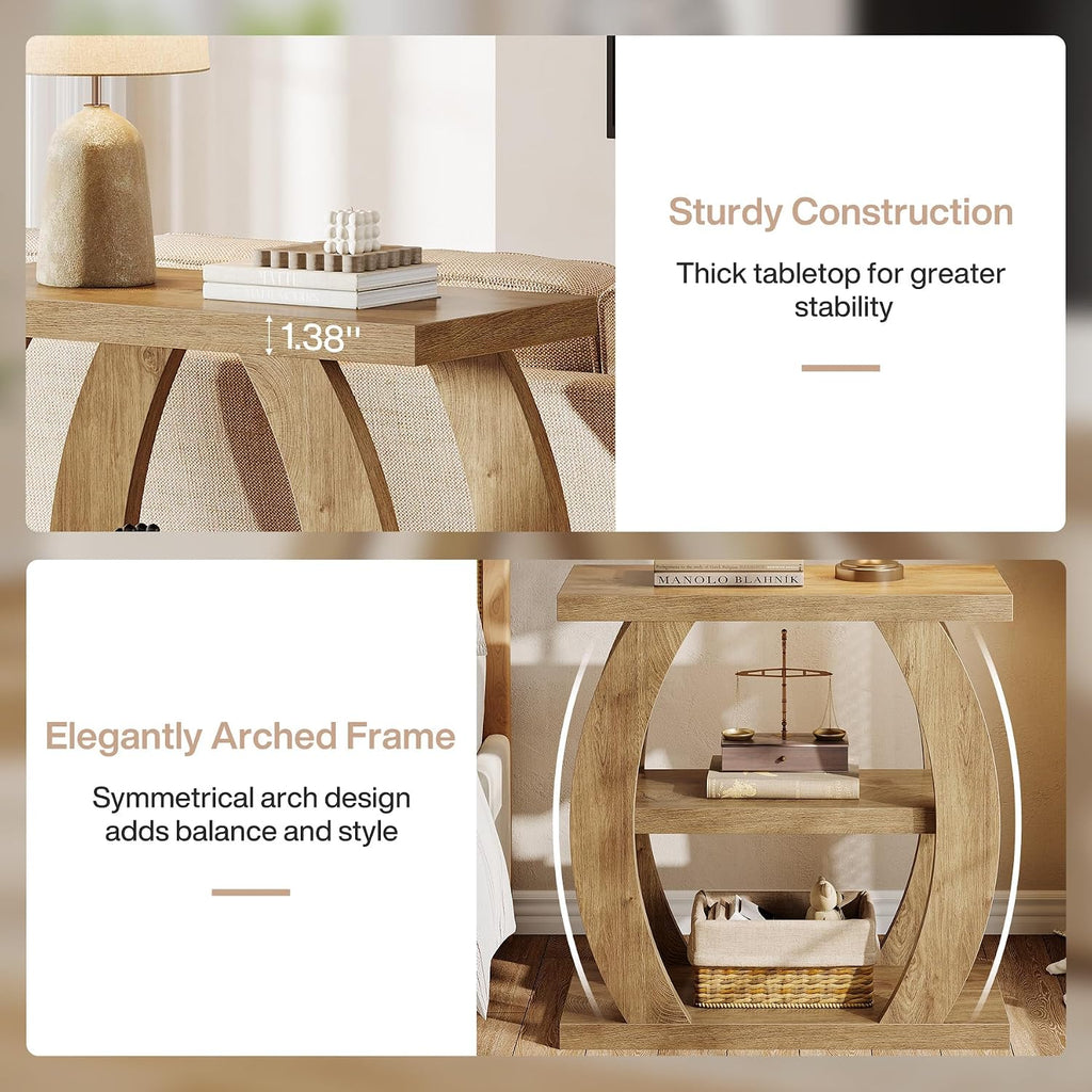 Tribesigns End Table for Living Room Set of 2, 3-Tier Narrow Side Table with Storage, Farmhouse Wooden Beside Table with Geometric Frame, Tall Nightstand for Bedroom, Small Spaces, Natural Oak