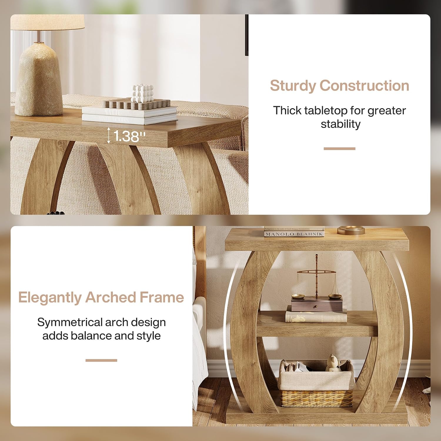 Tribesigns End Table for Living Room Set of 2, 3-Tier Narrow Side Table with Storage, Farmhouse Wooden Beside Table with Geometric Frame, Tall Nightstand for Bedroom, Small Spaces, Natural Oak