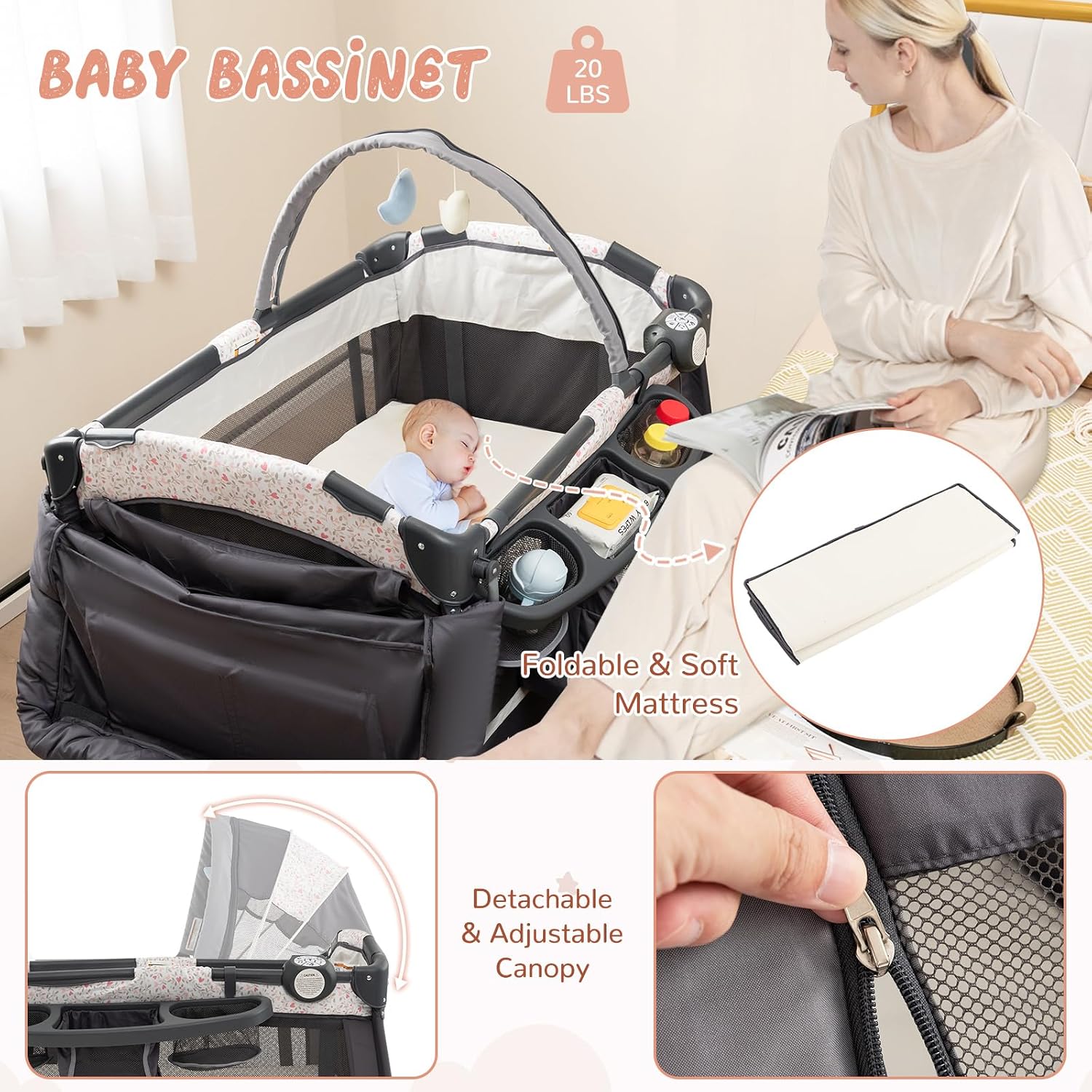 HONEY JOY Pack and Play, 4 in 1 Portable Baby Crib Playpen w/Bassinet, Changing Table, Canopy, Mattress, Music Box, Storage Bag, Foldable Pack and Play for Infant Boys Girls
