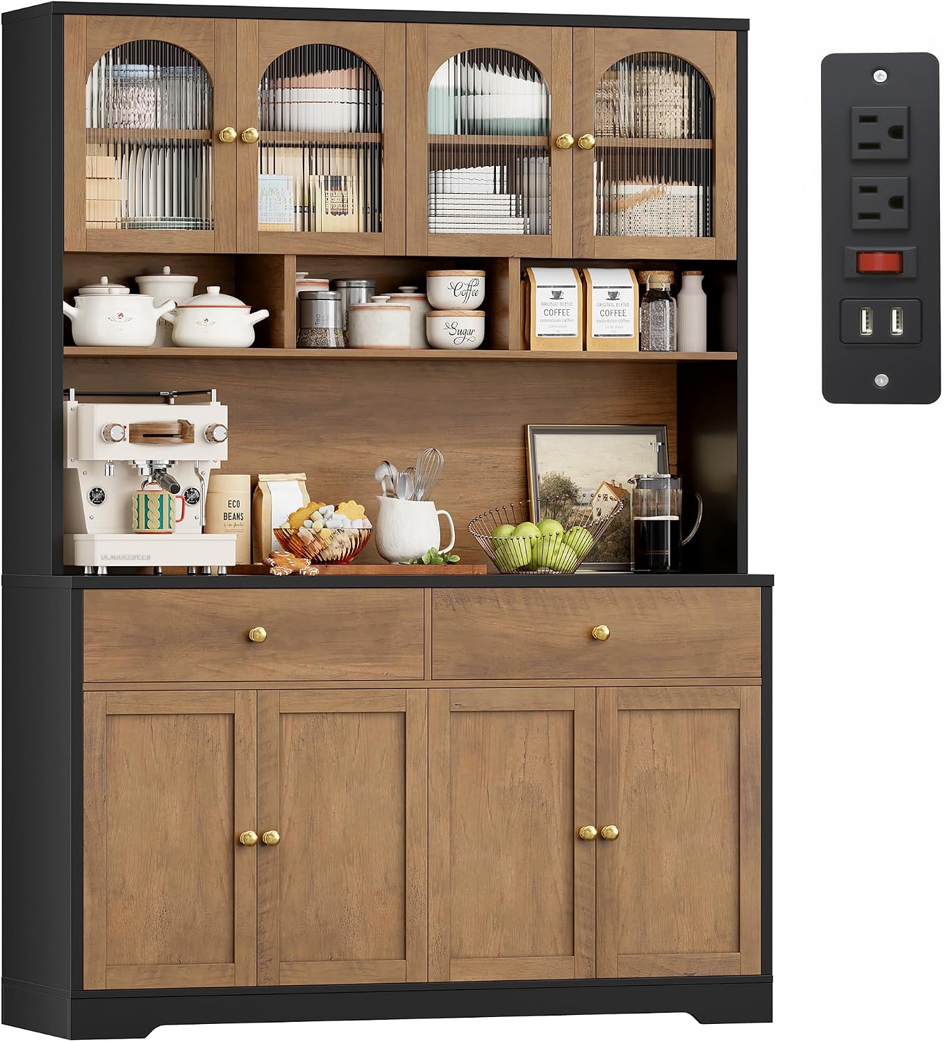 FINETONES 71' Pantry Cabinet, Tall Kitchen Pantry Storage Cabinet with Charging Station, 47.2' Wide Kitchen Hutch Food Storage Cabinets with Open Countertop for Dining Room, Black/Brown