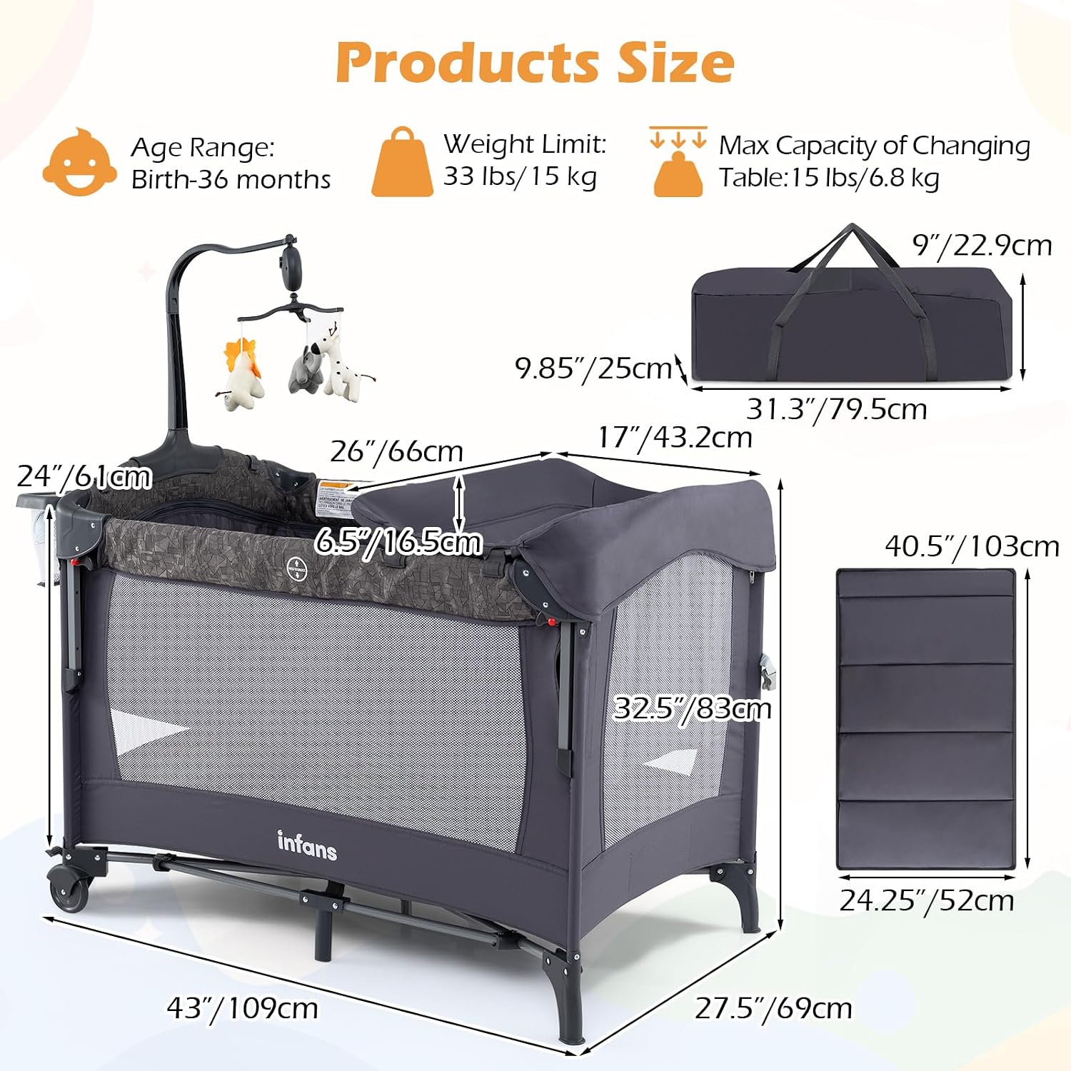 INFANS 4 in 1 Baby Bassinet, Converts Pack and Play to Portable Bedside Crib Sleeper with Diaper Changer, Mattress, Carry Bag, Music Box, Hanging Toys for Infants Toddlers(Grey)