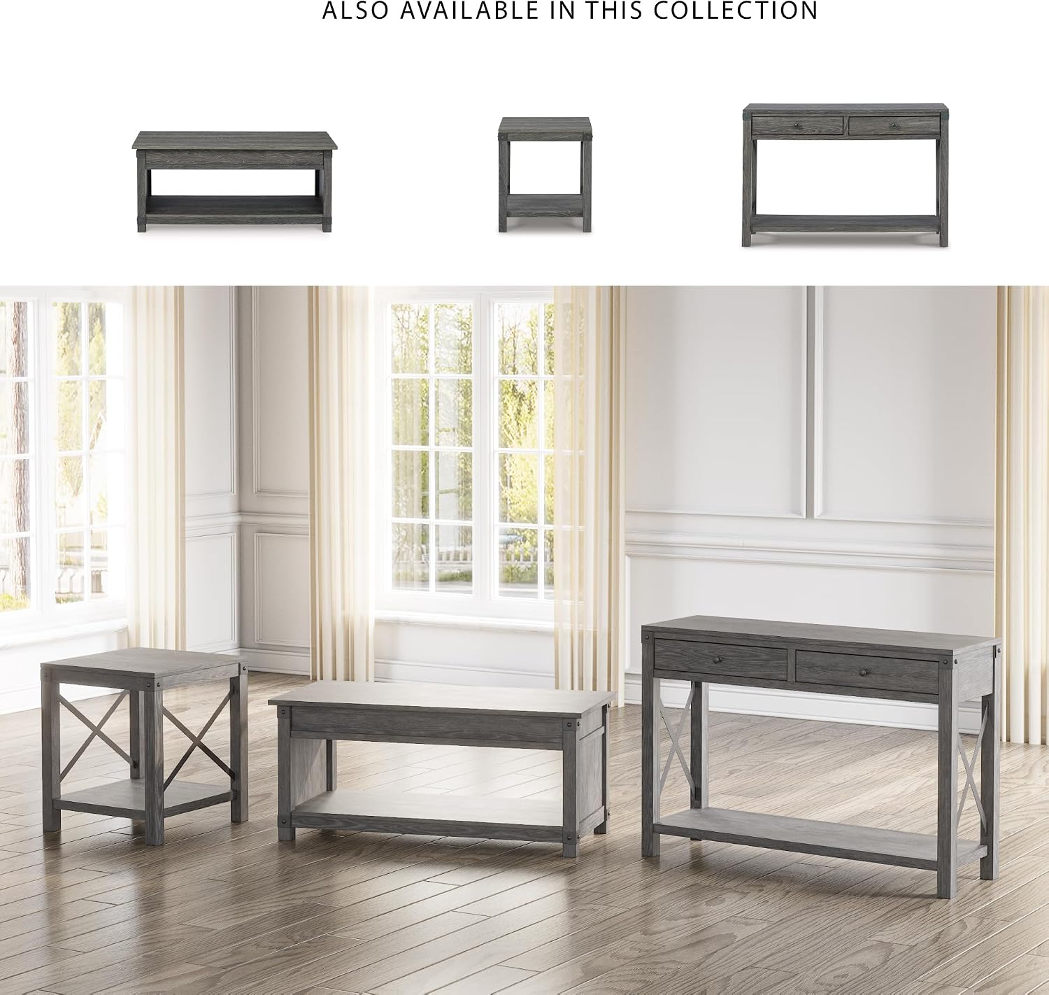 Signature Design by Ashley Freedan Rustic Square Farmhouse End Table, Wood, Metal Crossbuck Accents, Lower Display Shelf, 22.63' High, Gray