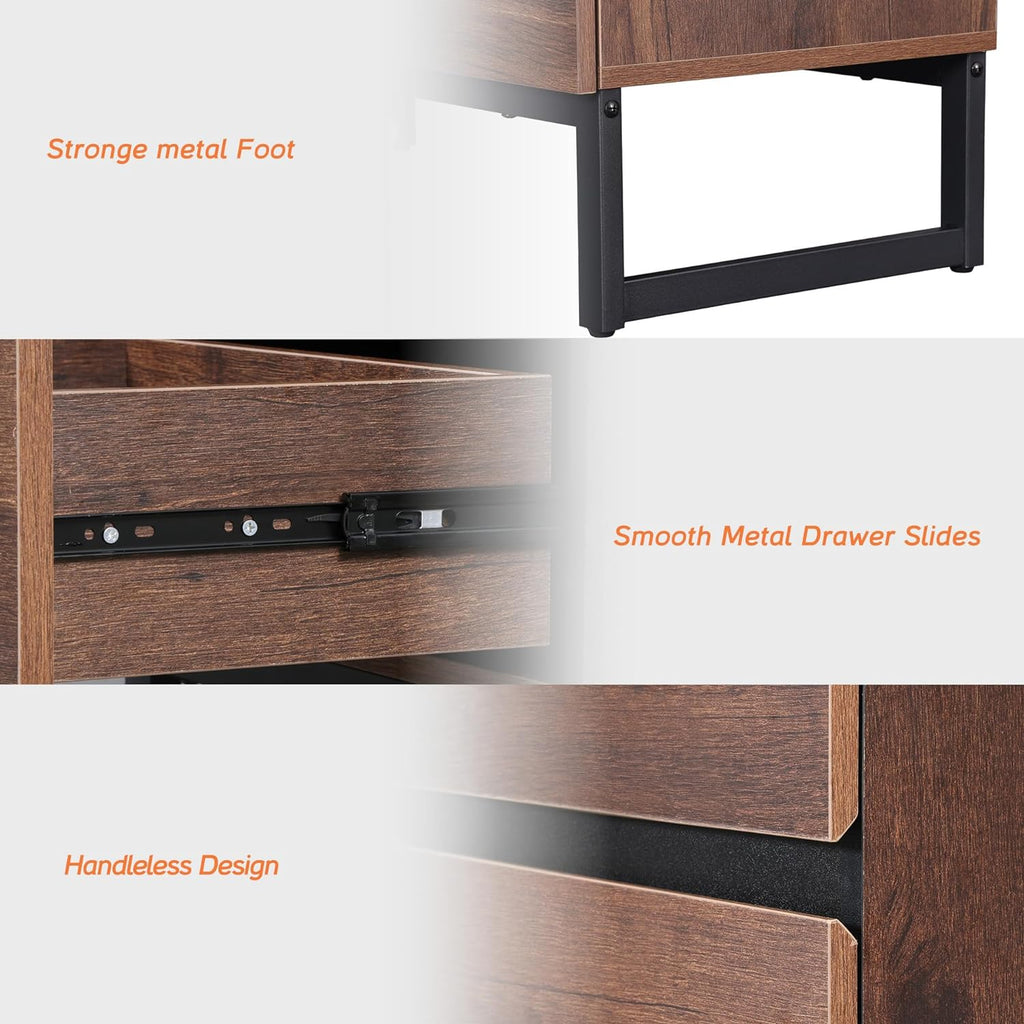 WAMPAT 2 Pack Modern End Table with 2 Drawers, Farmhouse Sofa Table with Black Square Iron Leg, Wood Rustic Side Table for Living Room, Nightstand for Bedroom, Brown, 17.7''L x 15.5''W x 19.8''H