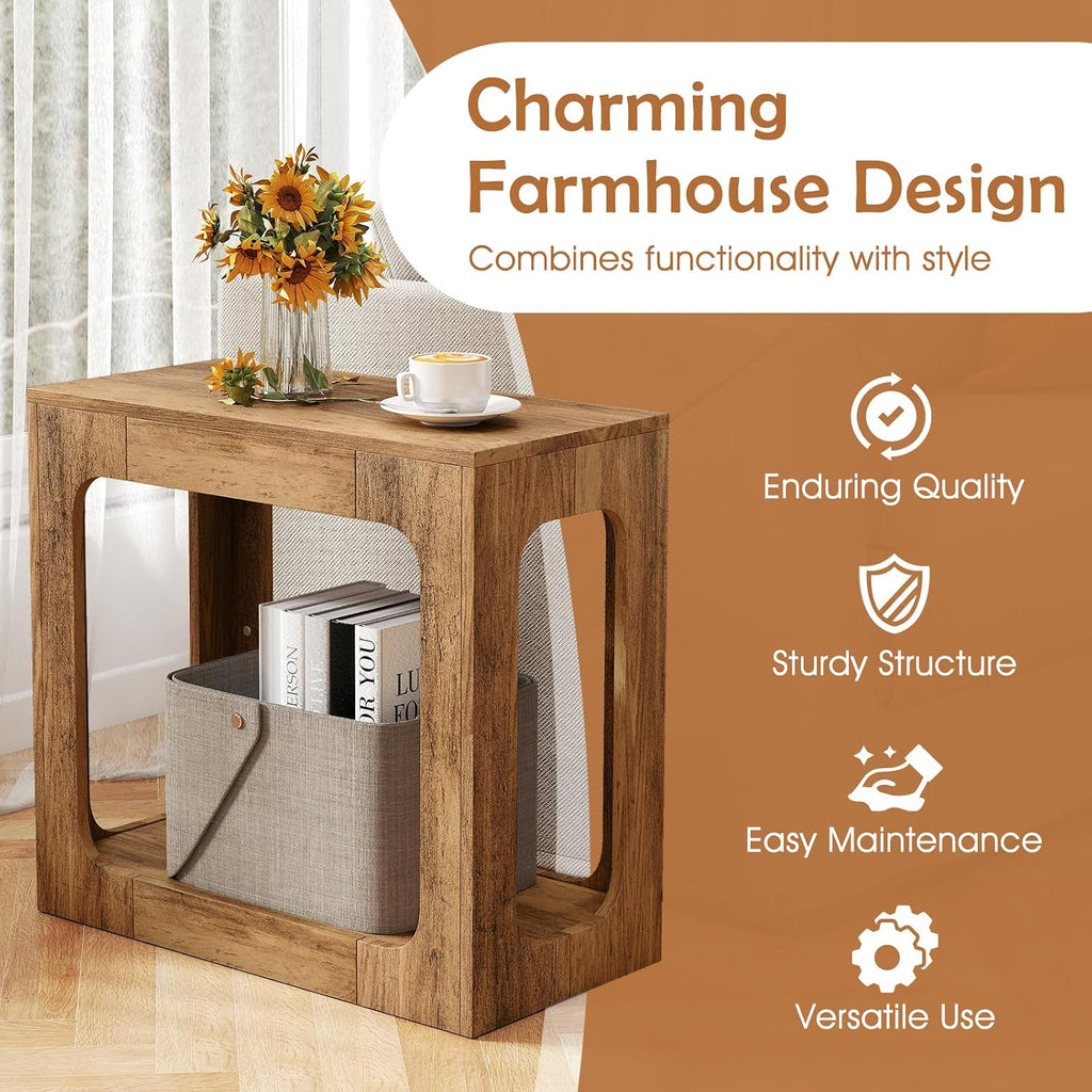 Giantex Set of 2 Narrow End Side Table - 2-Tier Farmhouse Night Stand w/Open Storage Shelf, Arch Design, Accent Bedside Nightstand for Bedroom Entryway Small Spaces, Wood End Tables Living Room, Oak