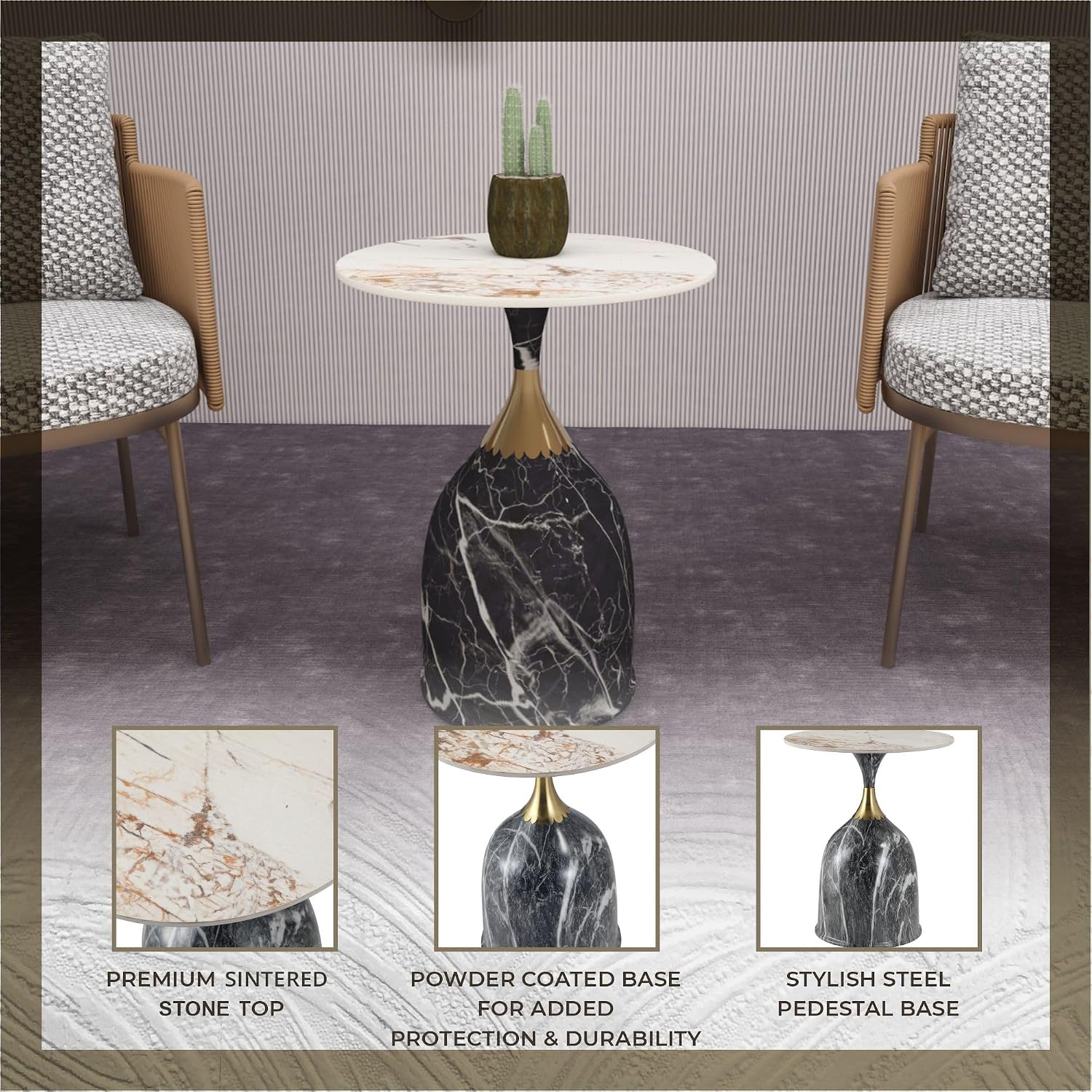 LeisureMod Side Table Round Sintered Stone Top with Modern Stainless Steel Pedestal Base, Chic Accent End Table for Home, Living Room Sofa, Oslo Series in Grey