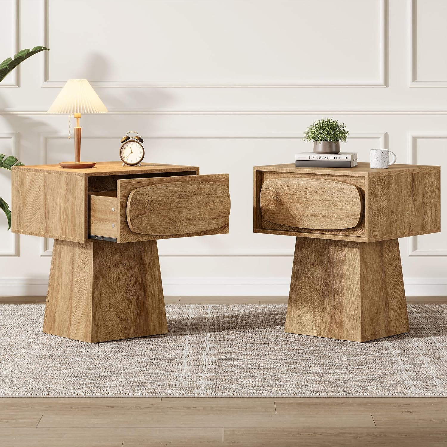 Tribesigns 2PCS End Table with Storage Drawer, Modern Wooden Side Table with Curved Handle, Small Nightstand for Living Room, Bedroom, Small Spaces (Natural Wood Color)