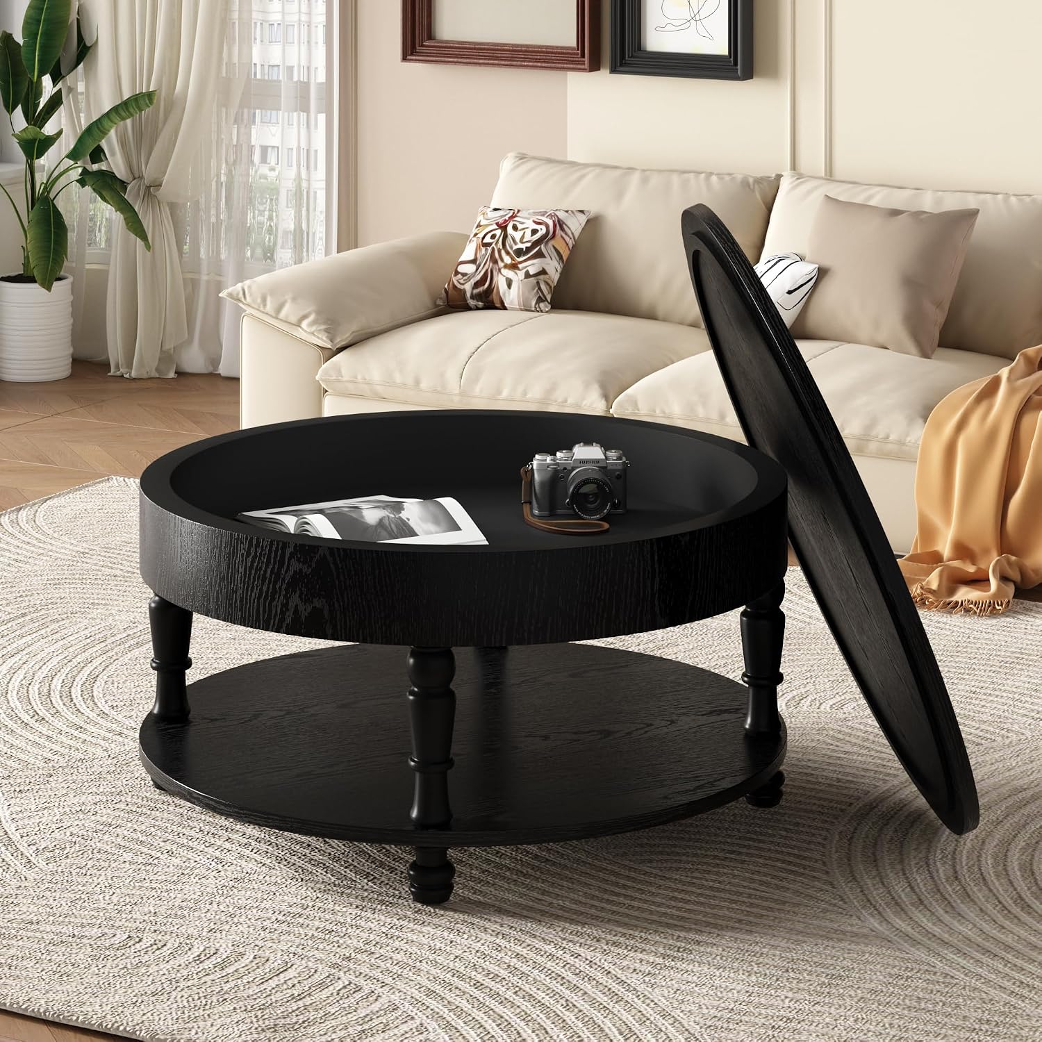 Hayzz Round Coffee Table with Storage 31.5 Inch, Modern Lift Top Accent Coffee Table with Hidden Compartment & Lower Shelf, Adjustable Leveling Feet, Easy Assembly for Living Room, Black